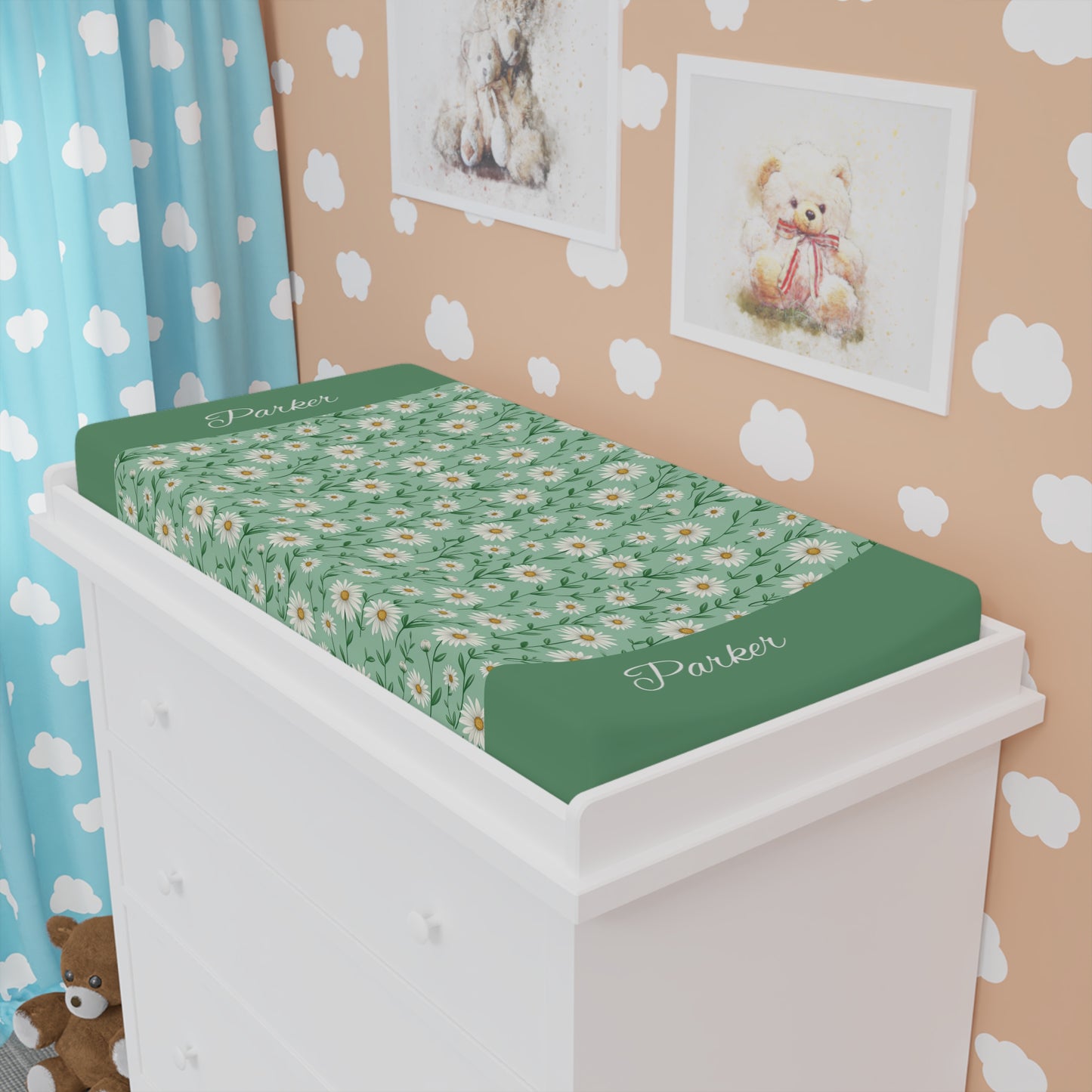 Daisy Meadow Baby Changing Pad Cover — Personalized Green Floral