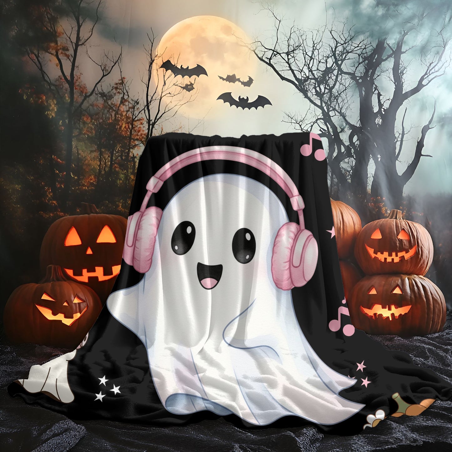 Cozy Halloween Ghost Blanket, Velveteen Plush Throw, Cute Fall Decor, Snuggle Blanket for Kids and Adults, Spooky Season Gift