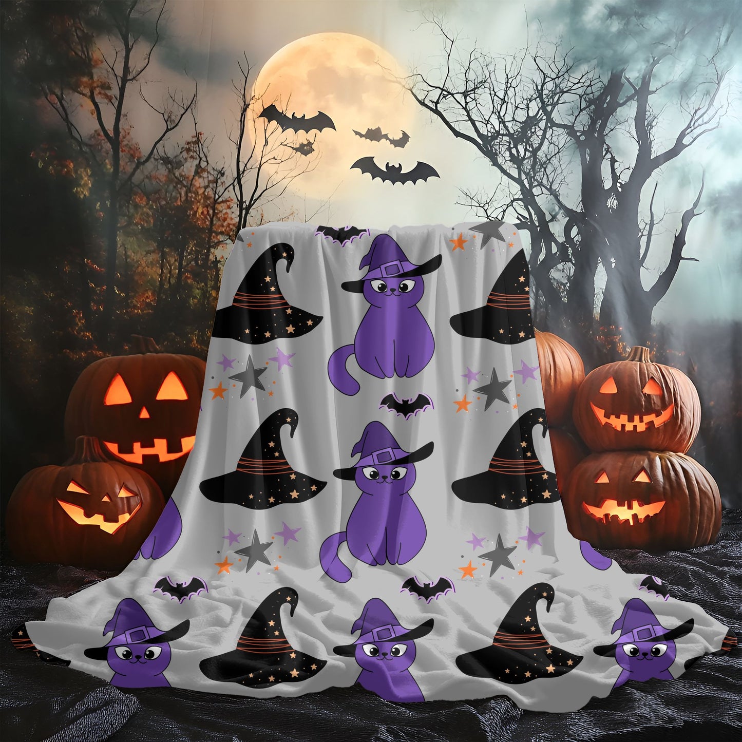 Cozy Halloween Velveteen Plush Blanket - Purple Cat Design, Soft Throw, Fall Decor, Gift for Cat Lovers, Spooky Season