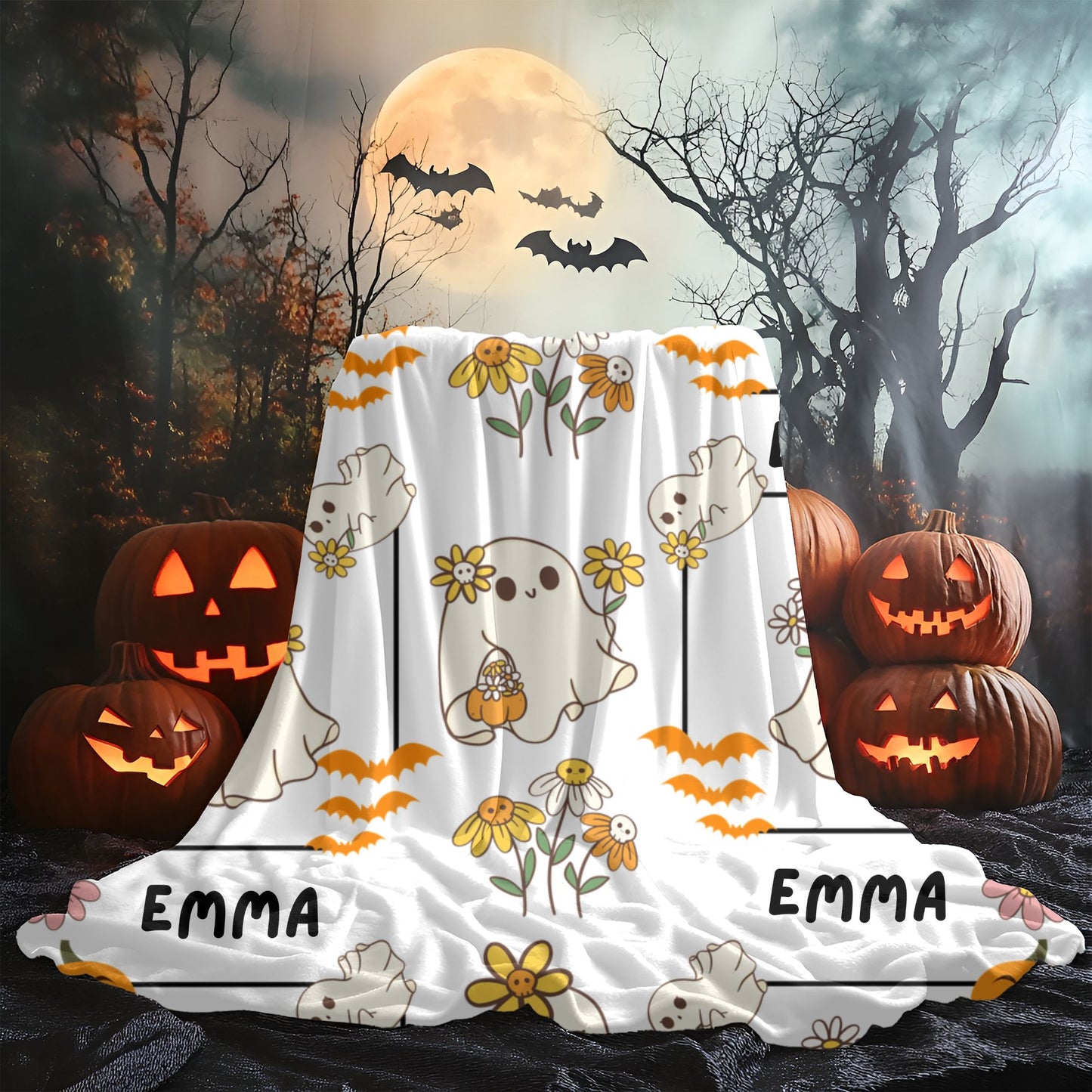Whimsical Ghosts Velveteen Plush Blanket | Cozy Halloween Decor, Gift for Kids & Teens, Soft Plush Throw, Cute Couch Accessory