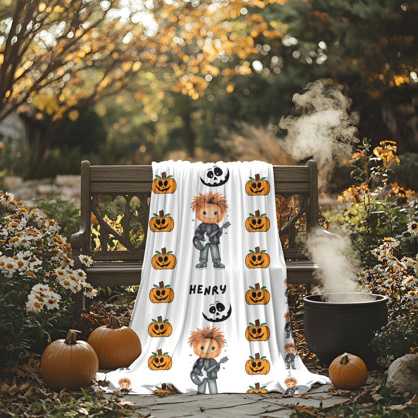 Spooky Fun Personalized Velveteen Plush Blanket, Halloween Throw Blanket, Cozy Gift for Kids, Seasonal Home Decor, Pumpkin & Monster Design