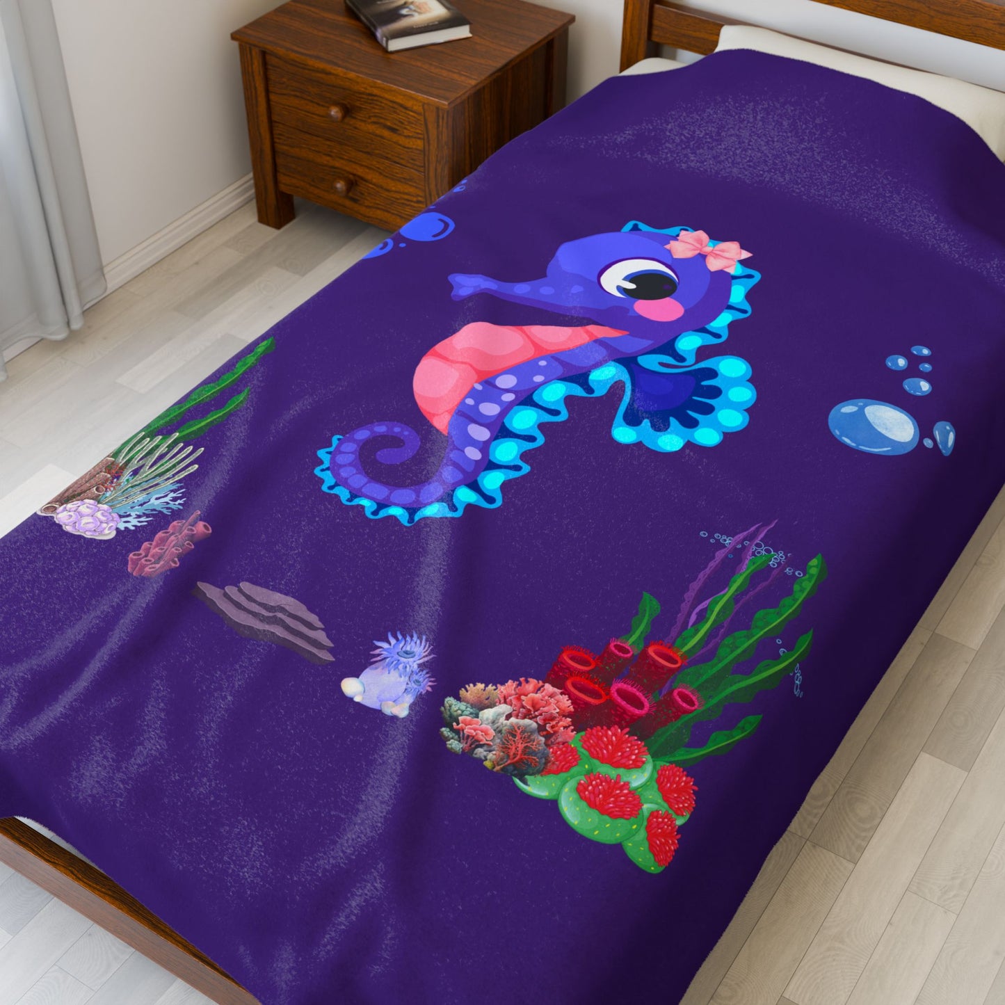 Seahores playful under the sea Velveteen Plush Blanket
