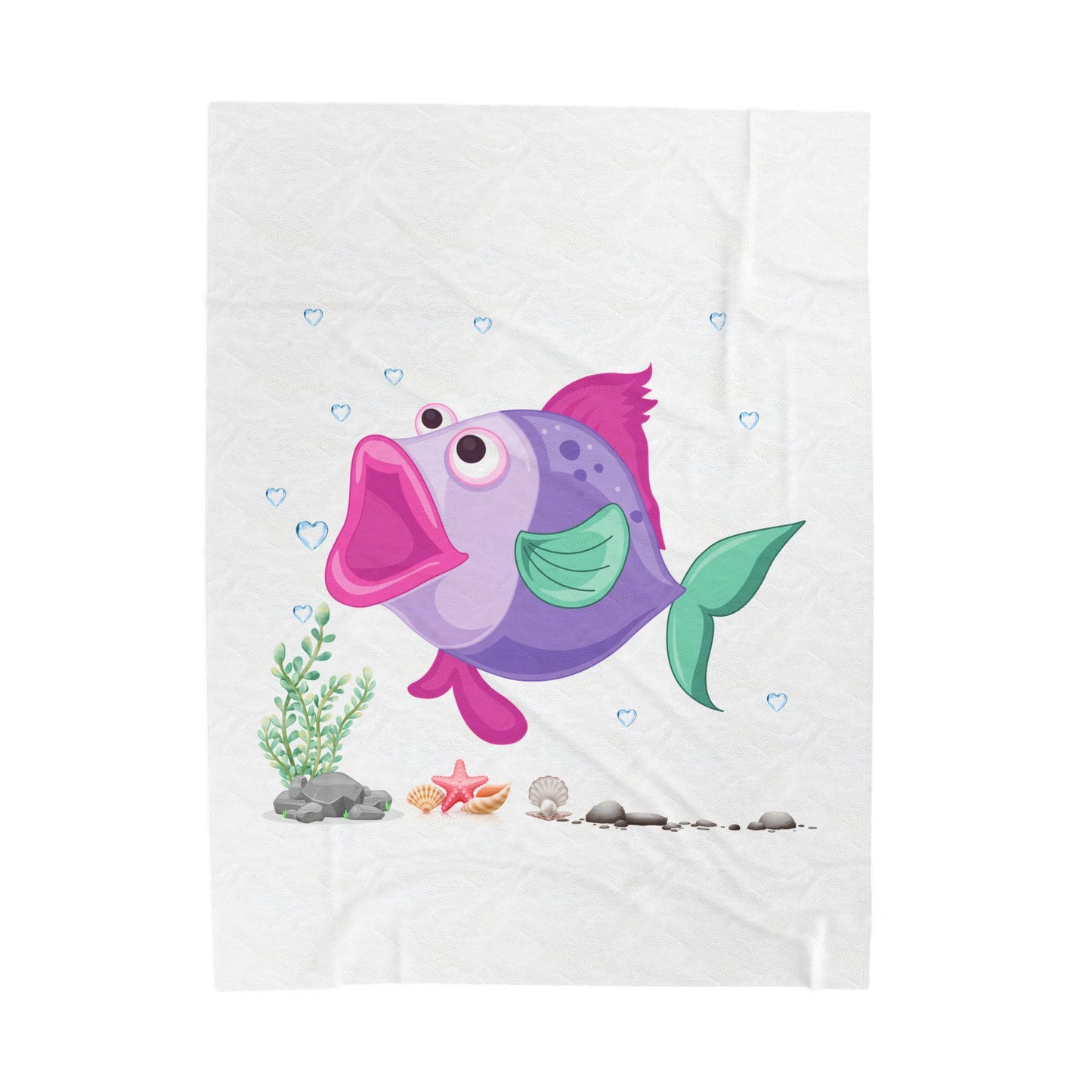 Fish with open mouth bubbles and underwater flora Velveteen Plush Blanket