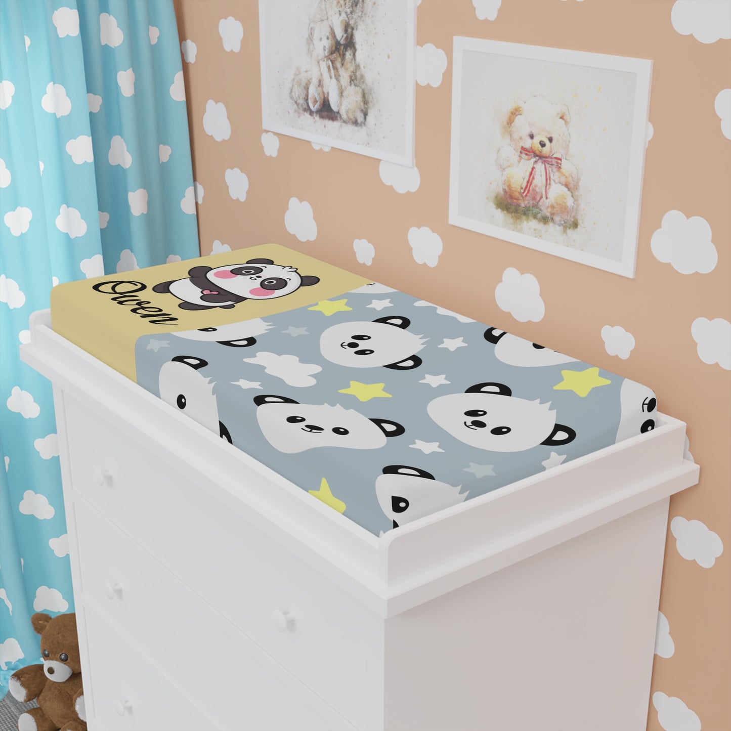 Panda Stars Baby Changing Pad Cover — Personalized Nursery Crib Pad Sheet