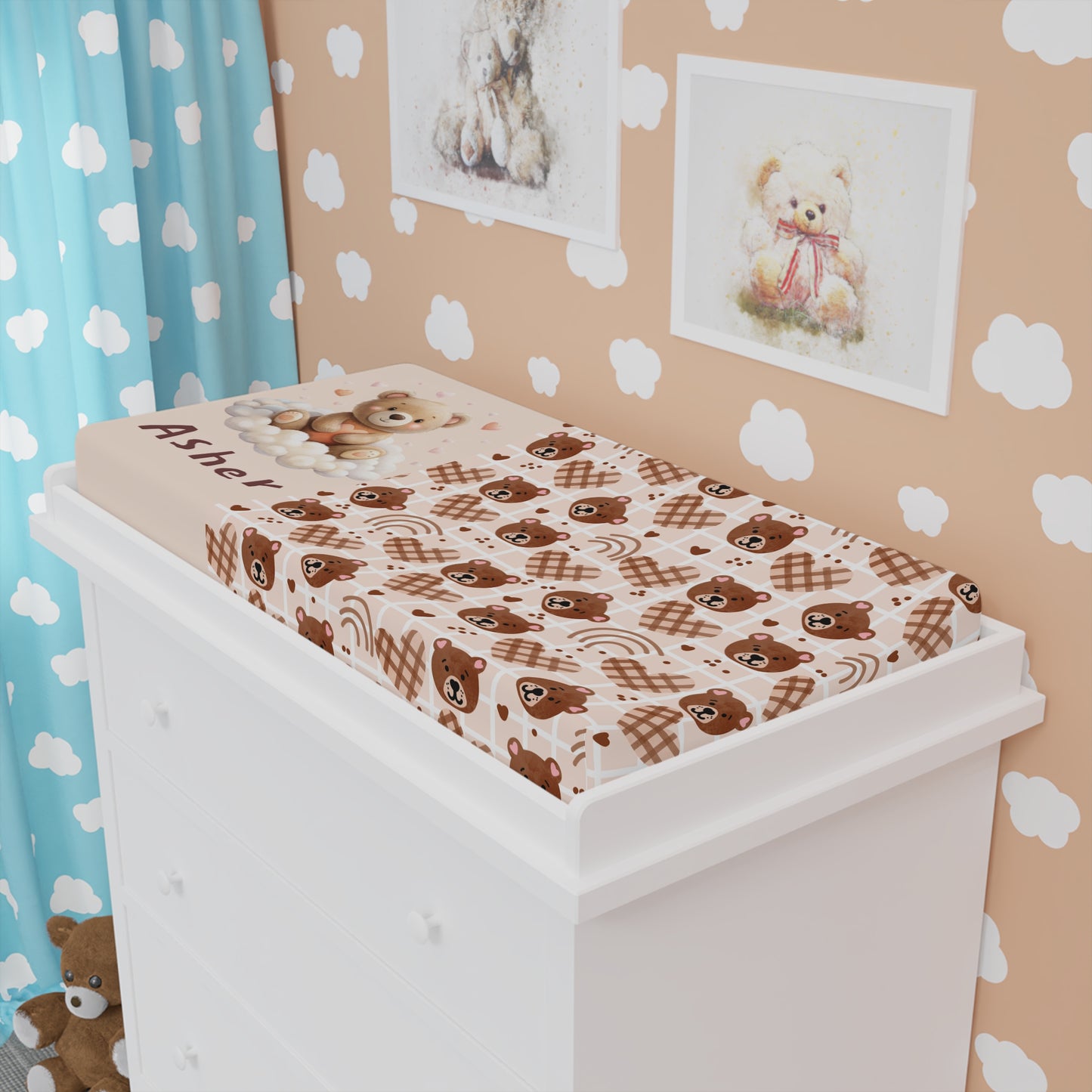 Changing Pad Cover — Personalized Brown Bear Nursery Print (Name Customizable)