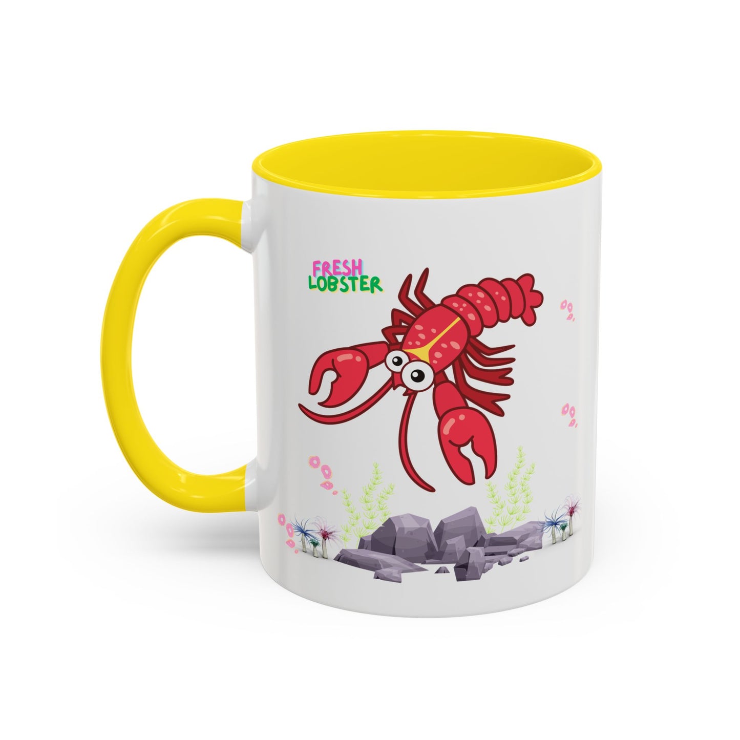 Friendly red lobster big eyes and yellow strip Coffee Mug