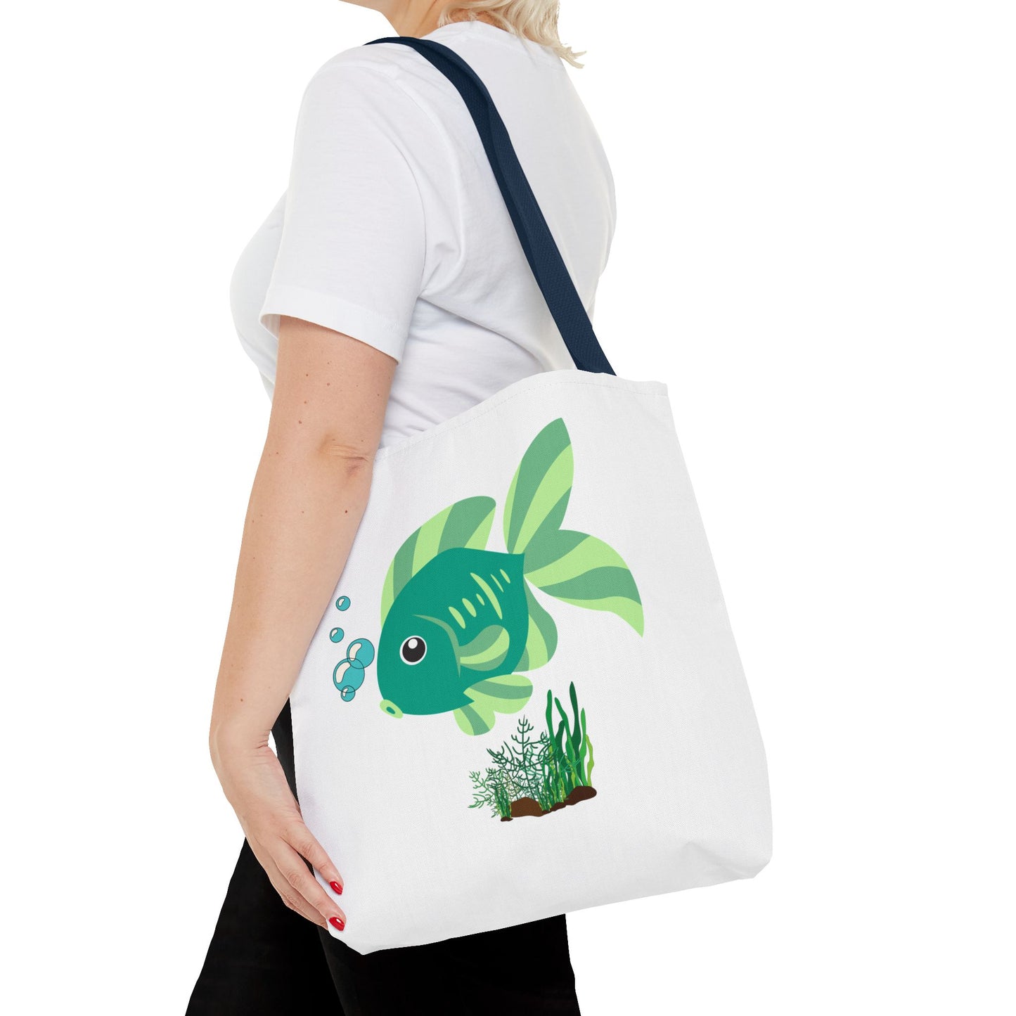 Green fish with bubbles and aquatic plants Tote Bag