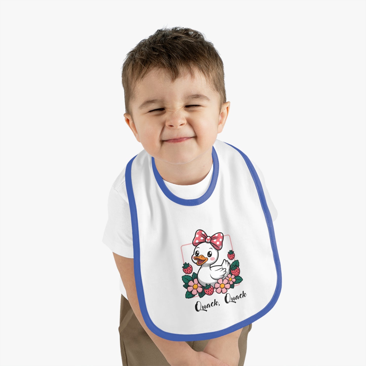 Baby Bib — Cute Duck "Quack Quack" Floral Contrast Trim