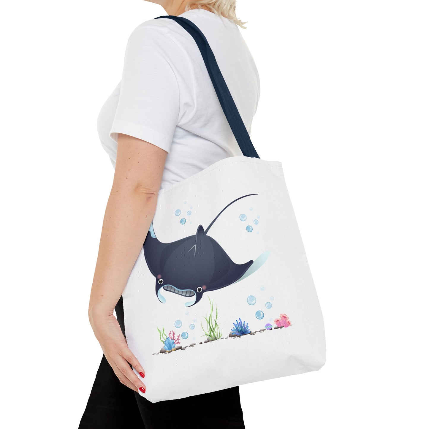 Manta ray with bubbles and coral reef Tote Bag