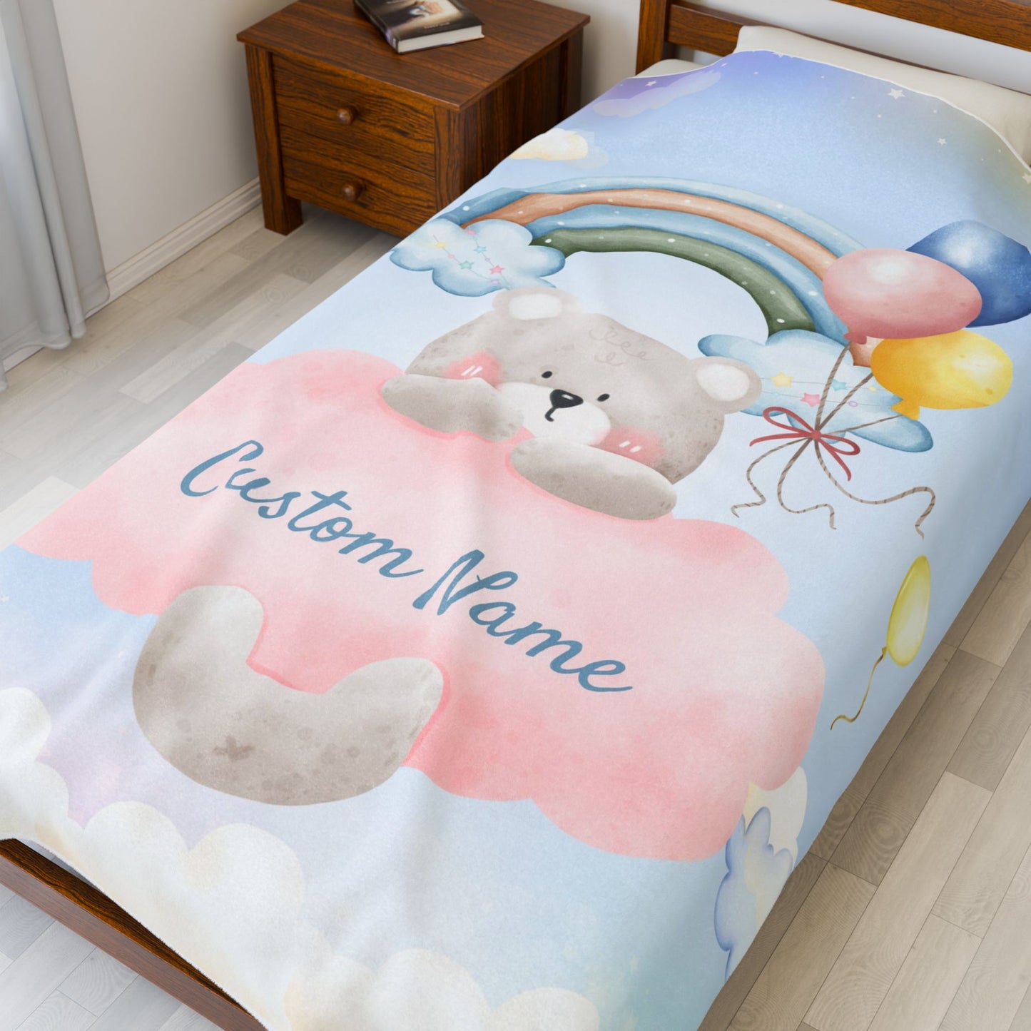 Custom Plush Blanket with Rainbow Bear Design, Soft Throw Blanket, Cozy Baby Blanket, Personalized Gift, Cute Nursery Decor