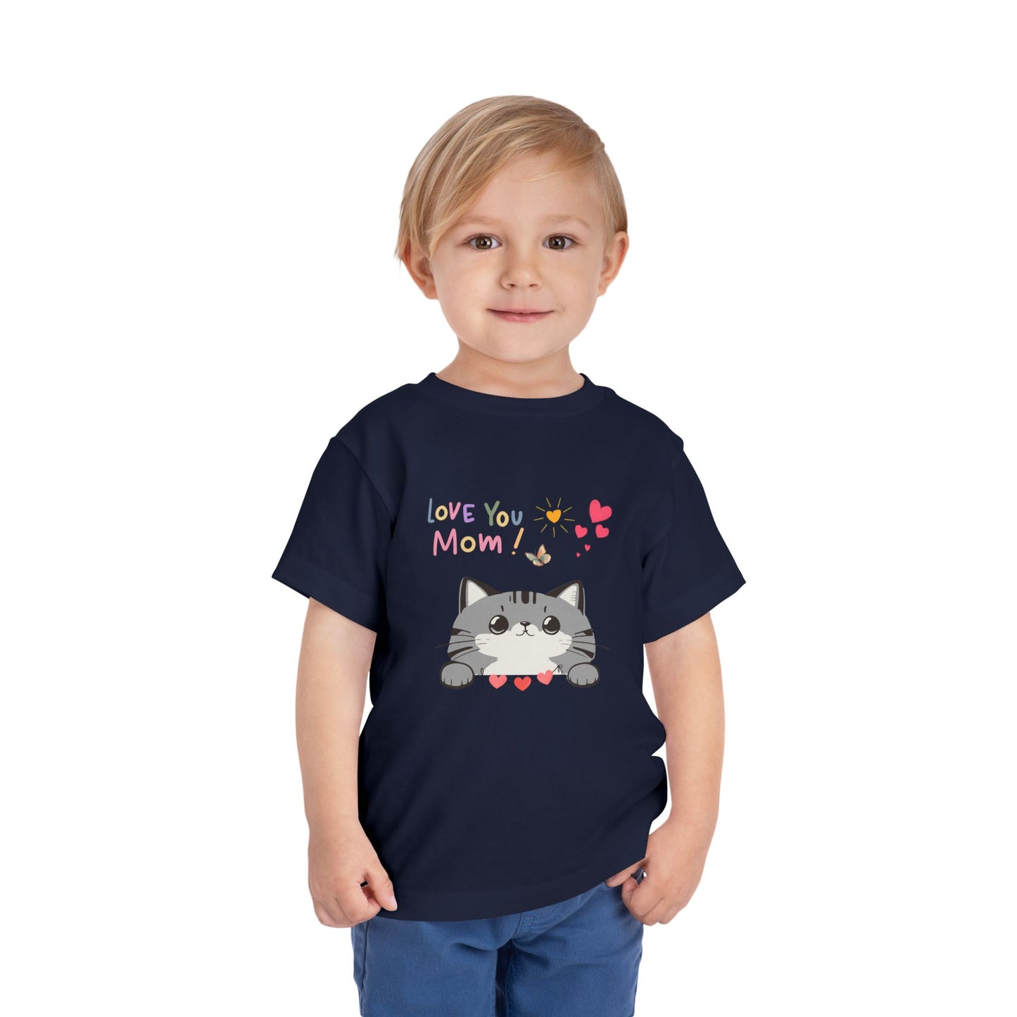 Cute Cat 'Love You Mom' Toddler Tee, Perfect Gift for Mother's Day, Birthday, Playdates, Casual Wear, Cute Kids' Apparel