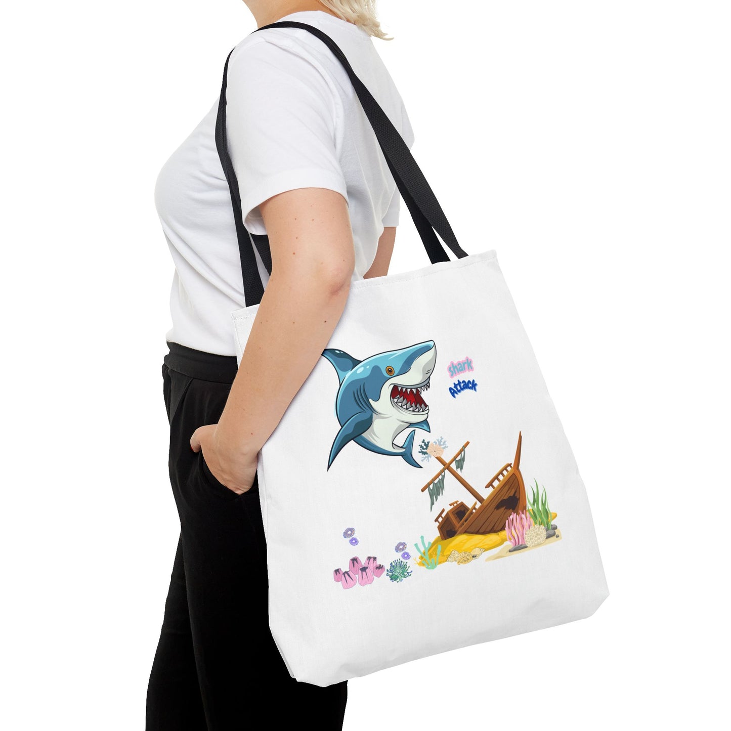 Shark ship colorful coral reef Tote Bag