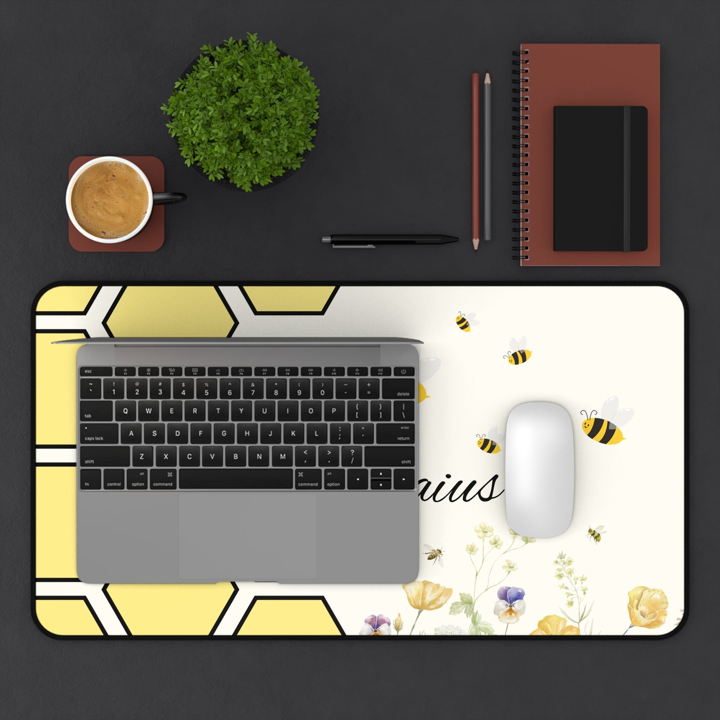 Personalized Honeycomb Desk Mat, Custom Office Decor, Bee Themed Mouse Pad, Cute Gift for Bee Lovers, Yellow Floral Desk Accessory