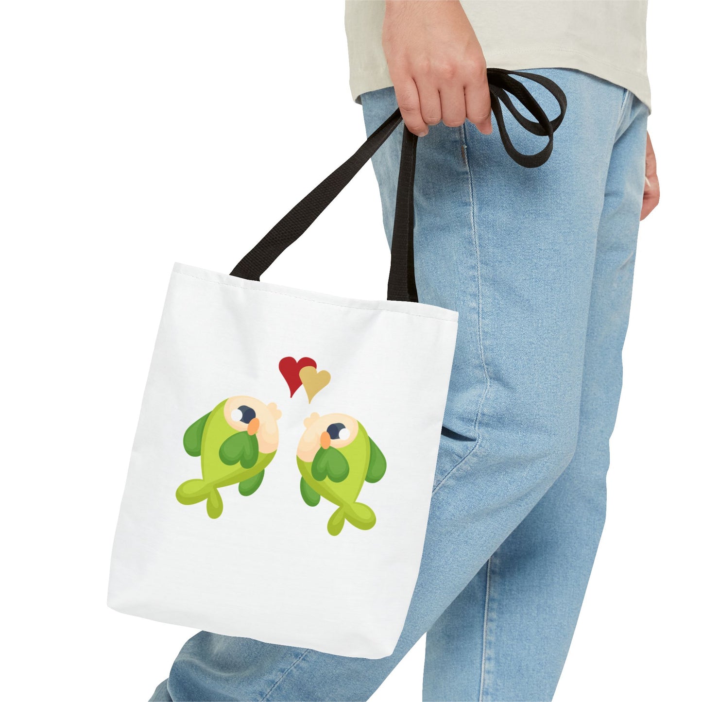 Two hearts float between the fish one red and one yellow. Tote Bag