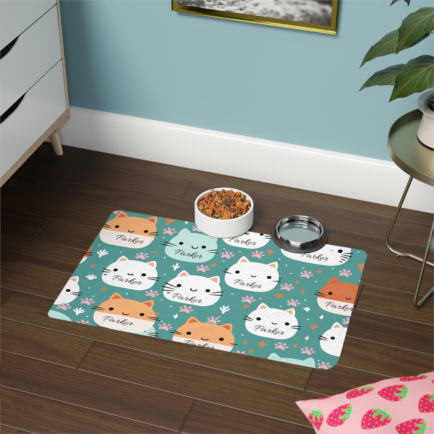 Personalized Cat Face Pet Food Mat (12x18) – Cute Kawaii Cat Bowls Placemat, Custom Name "Parker"