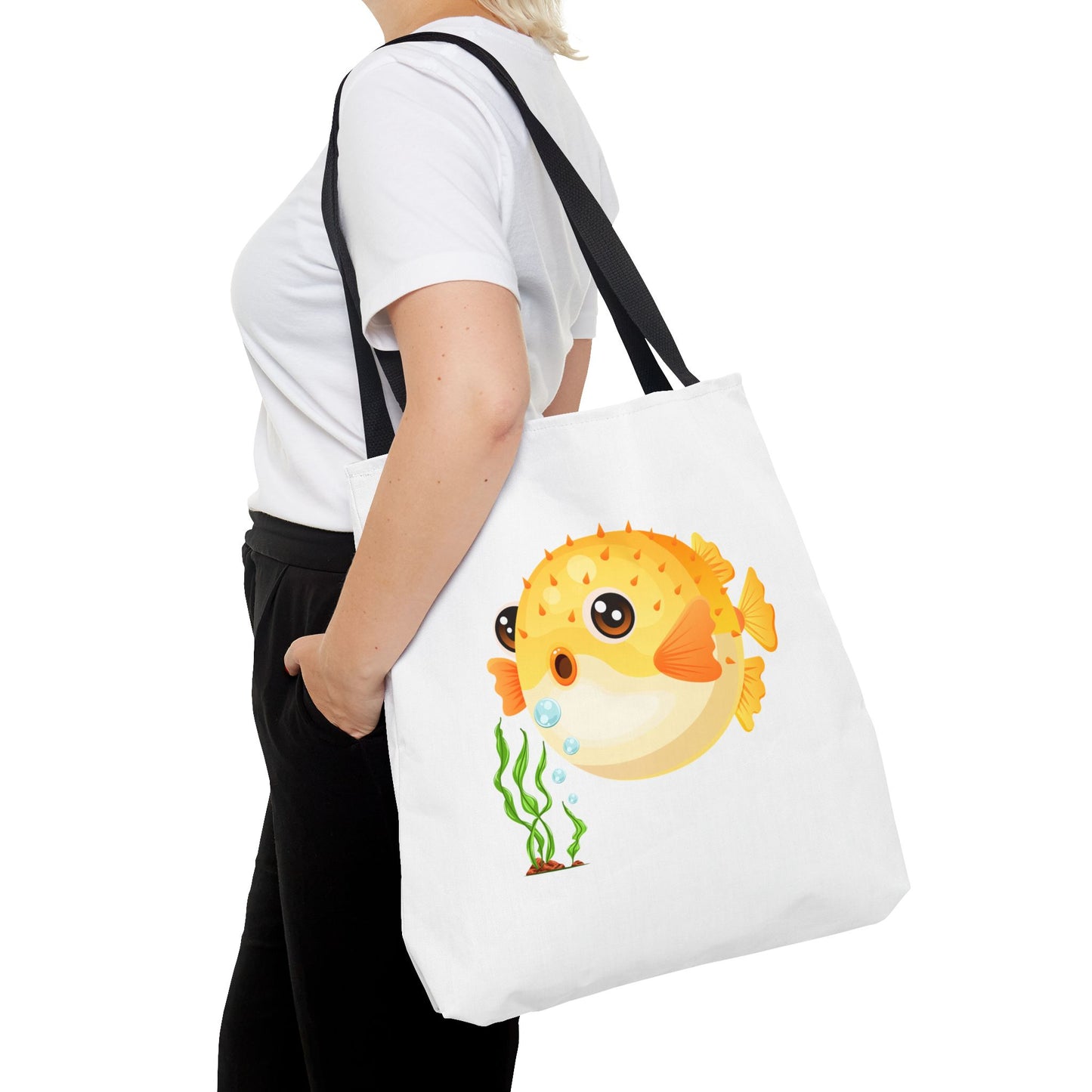 Cartoon Pufferfish with seaweed Tote Bag