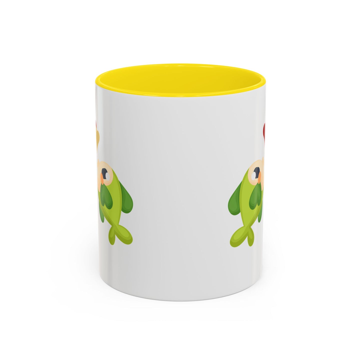 Two hearts float between the fish one red and one yellow. Coffee Mug