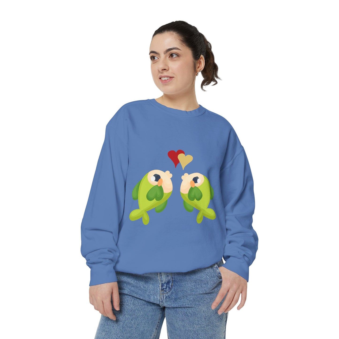 Two hearts float between the fish one red and one yellow Unisex Garment-Dyed Sweatshirt