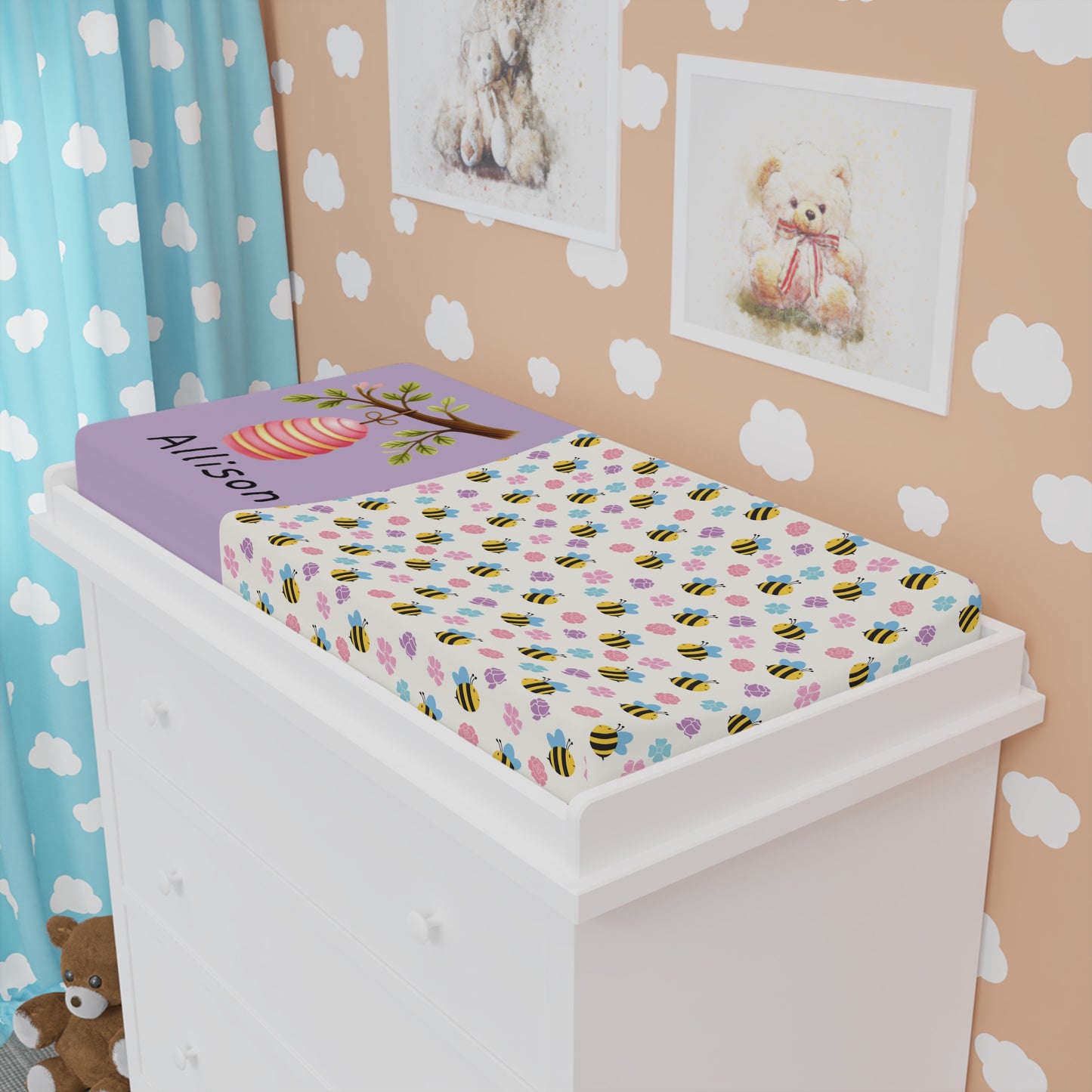 Bee & Blossom Baby Changing Pad Cover — Personalized Nursery Sleeper Cover (Name Option)