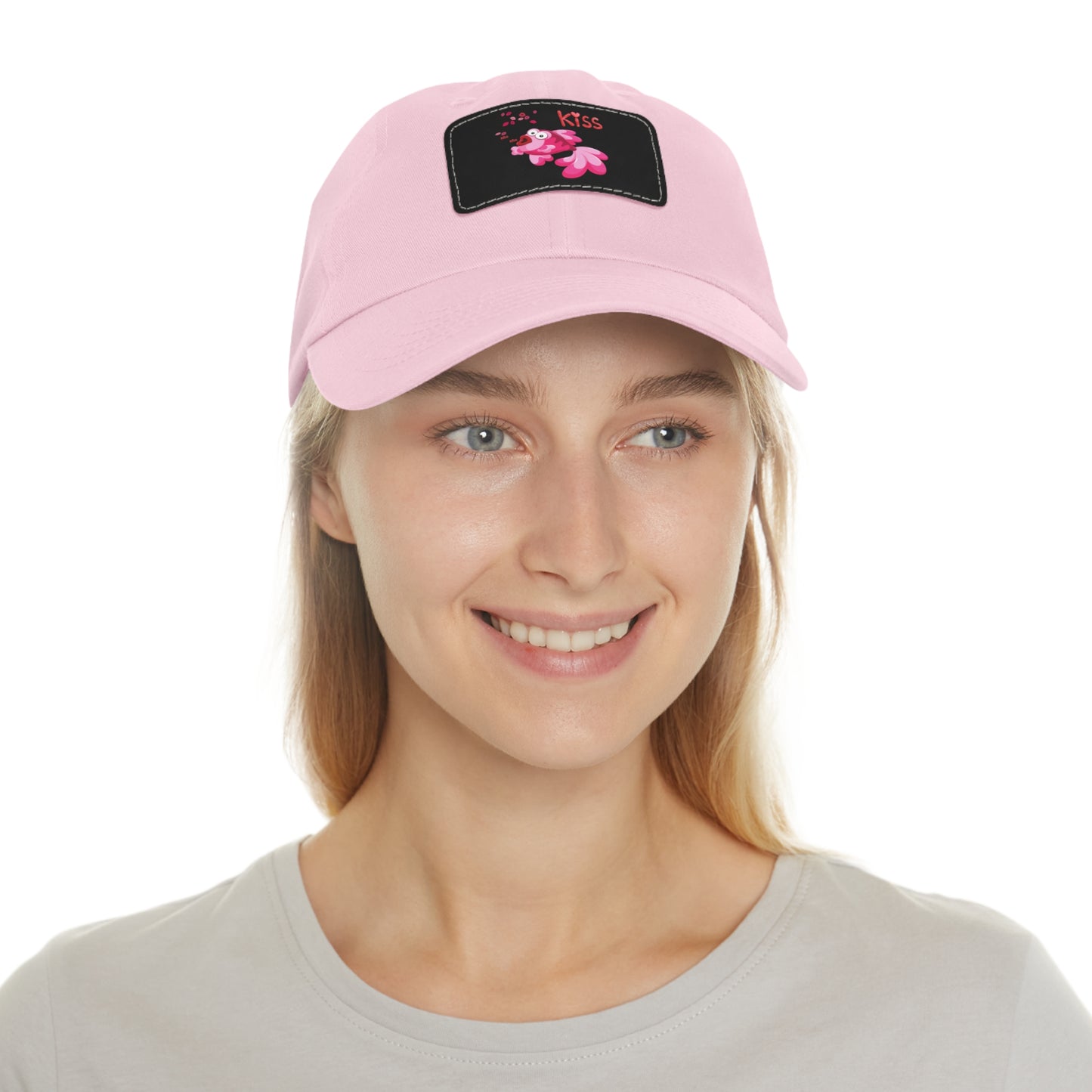 Pink fish with open mouth and kiss Dad Hat with Leather Patch (Rectangle)