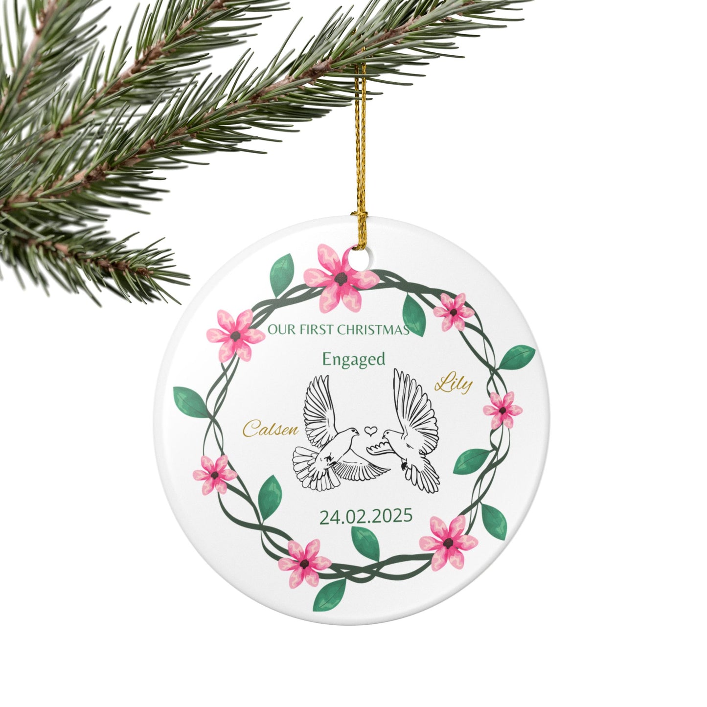 Personalized Engagement Ceramic Ornament | First Christmas Keepsake, Holiday Decor, Custom Gift, Wedding Memento, Love Decoration
