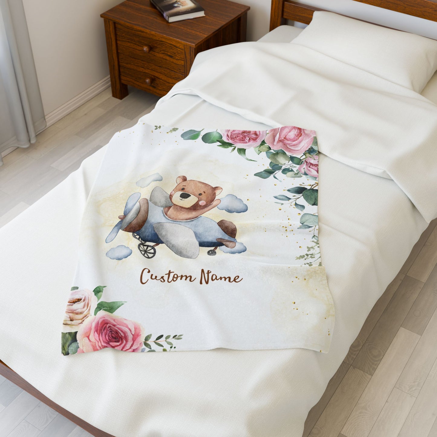 Personalized Velveteen Plush Blanket with Custom Name, Kids Blanket, Nursery Decor, Baby Shower Gift, Floral Bear Design