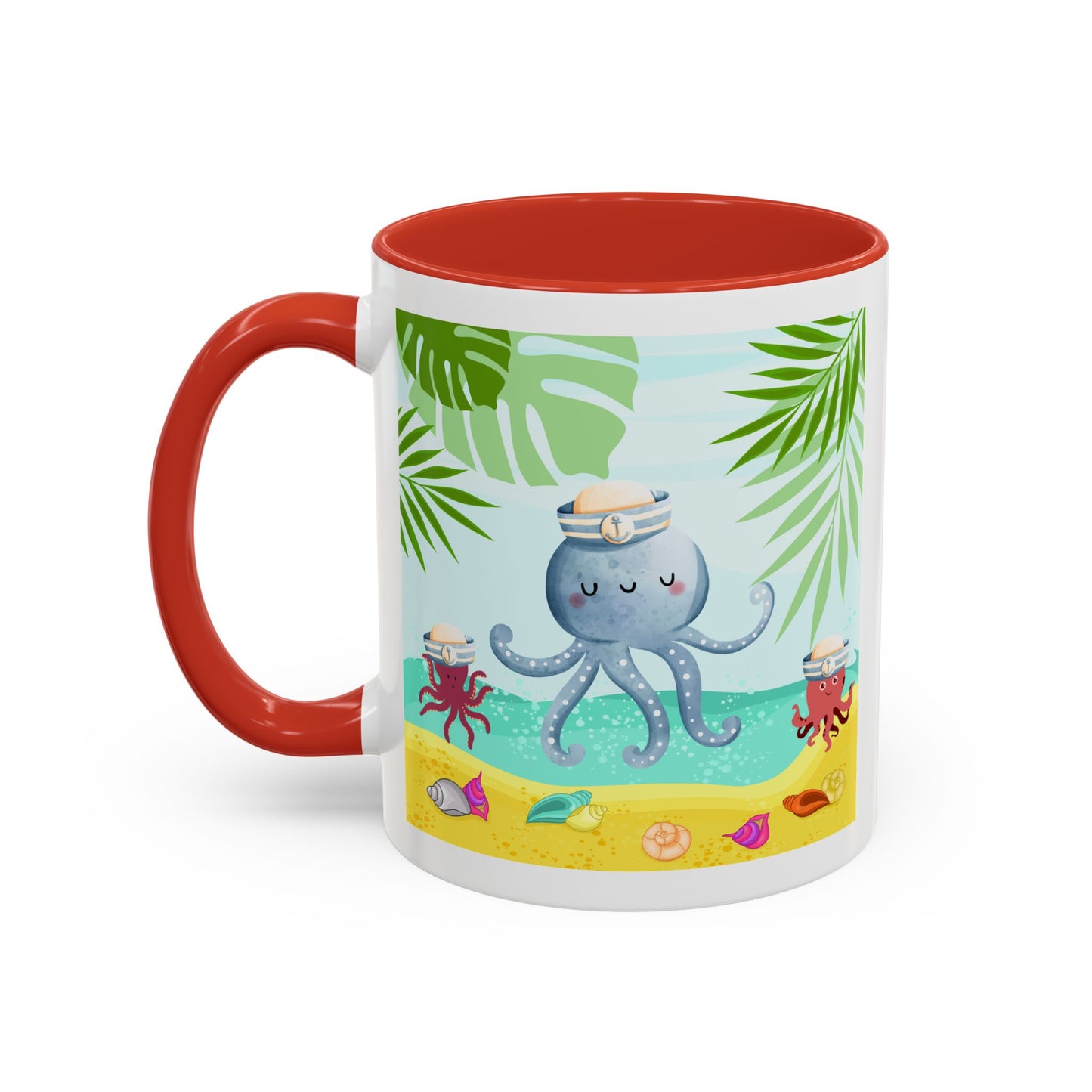Octopus on a beach scene with tropical Coffee Mug