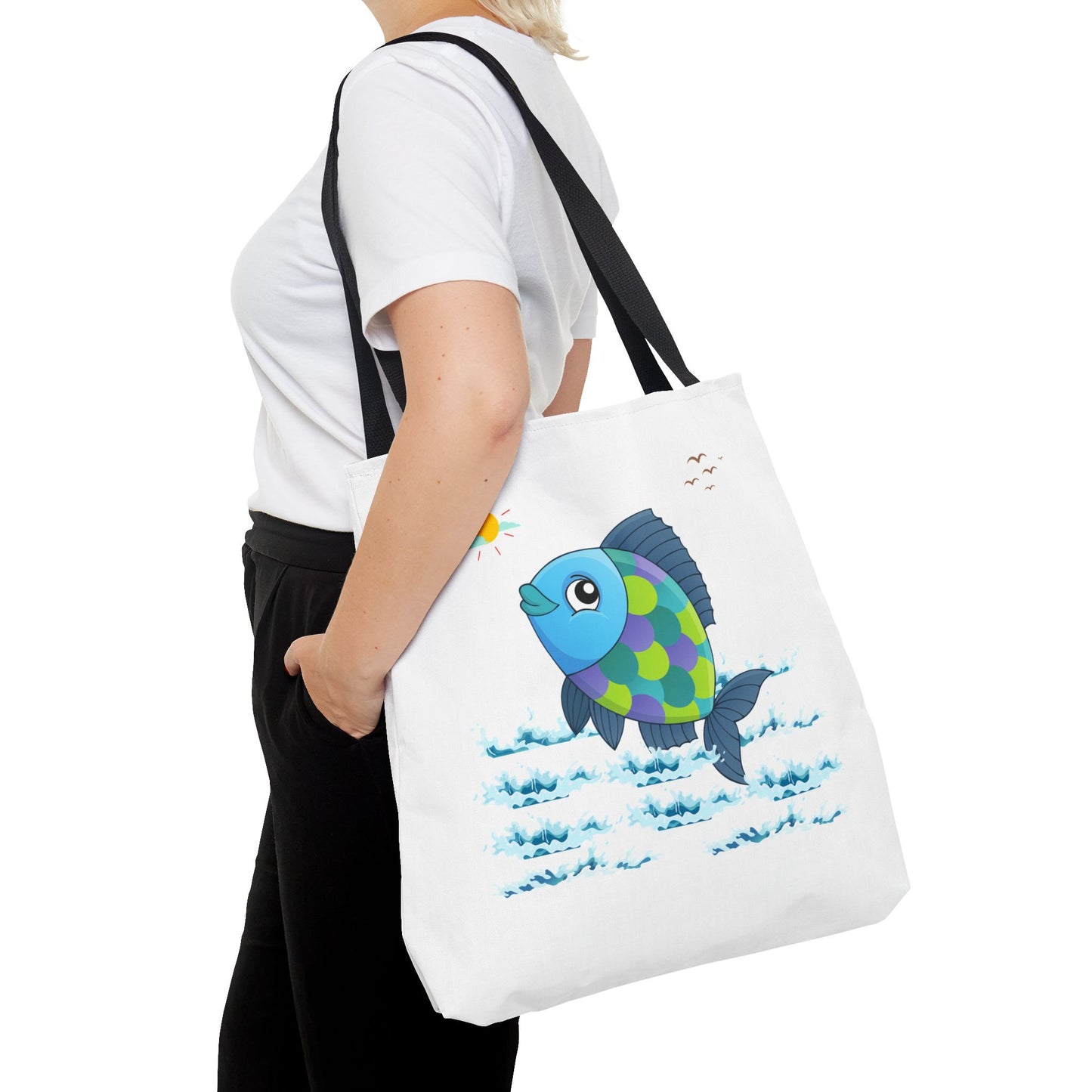 Fish with a sun and birds in the sky above water Tote Bag
