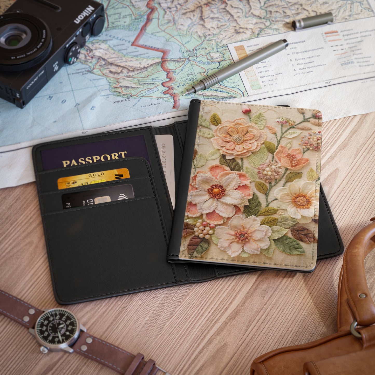Floral Embroidered Passport Cover — Vintage Peach Blossom Travel Wallet