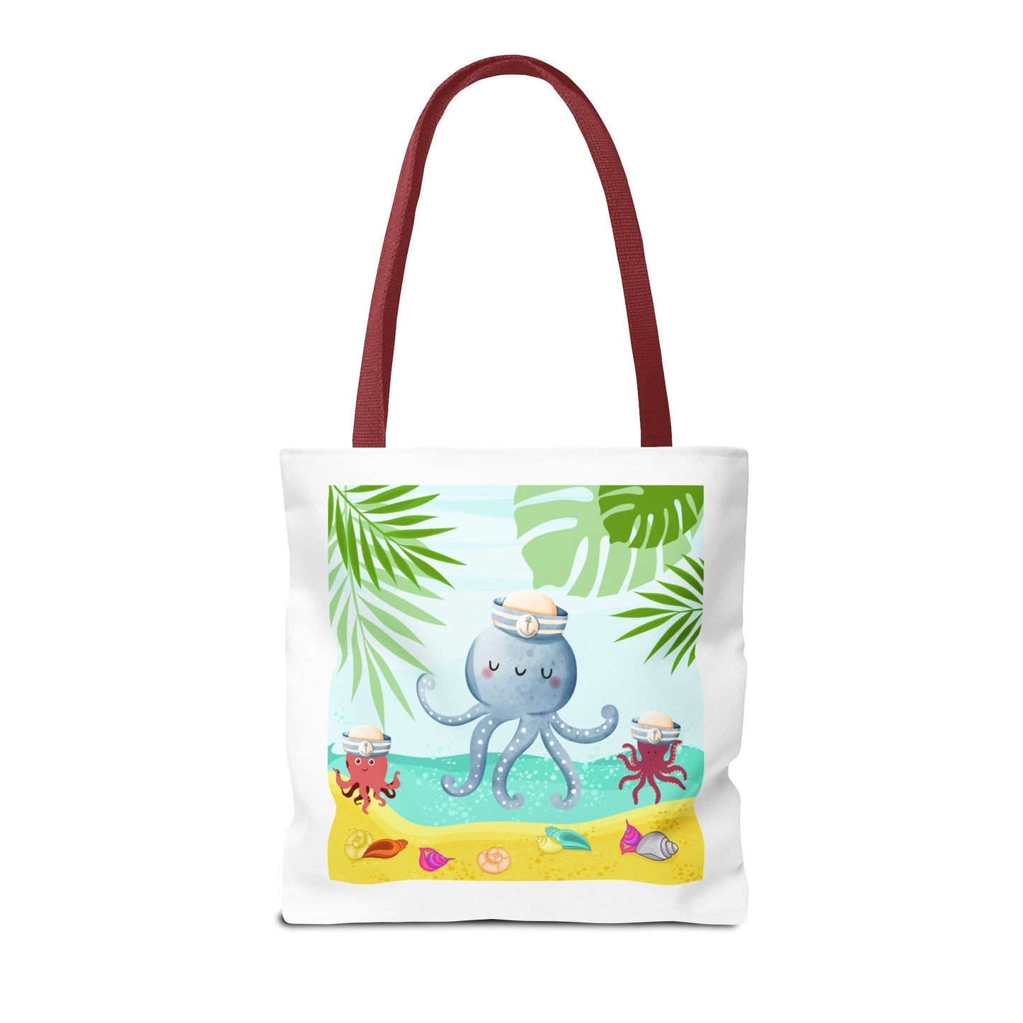 Octopus on a beach scene with tropical Tote Bag