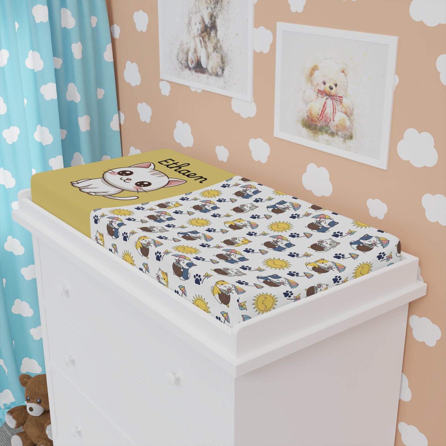 Personalized Cute Kitten Baby Changing Pad Cover — Yellow Sun & Cat Print