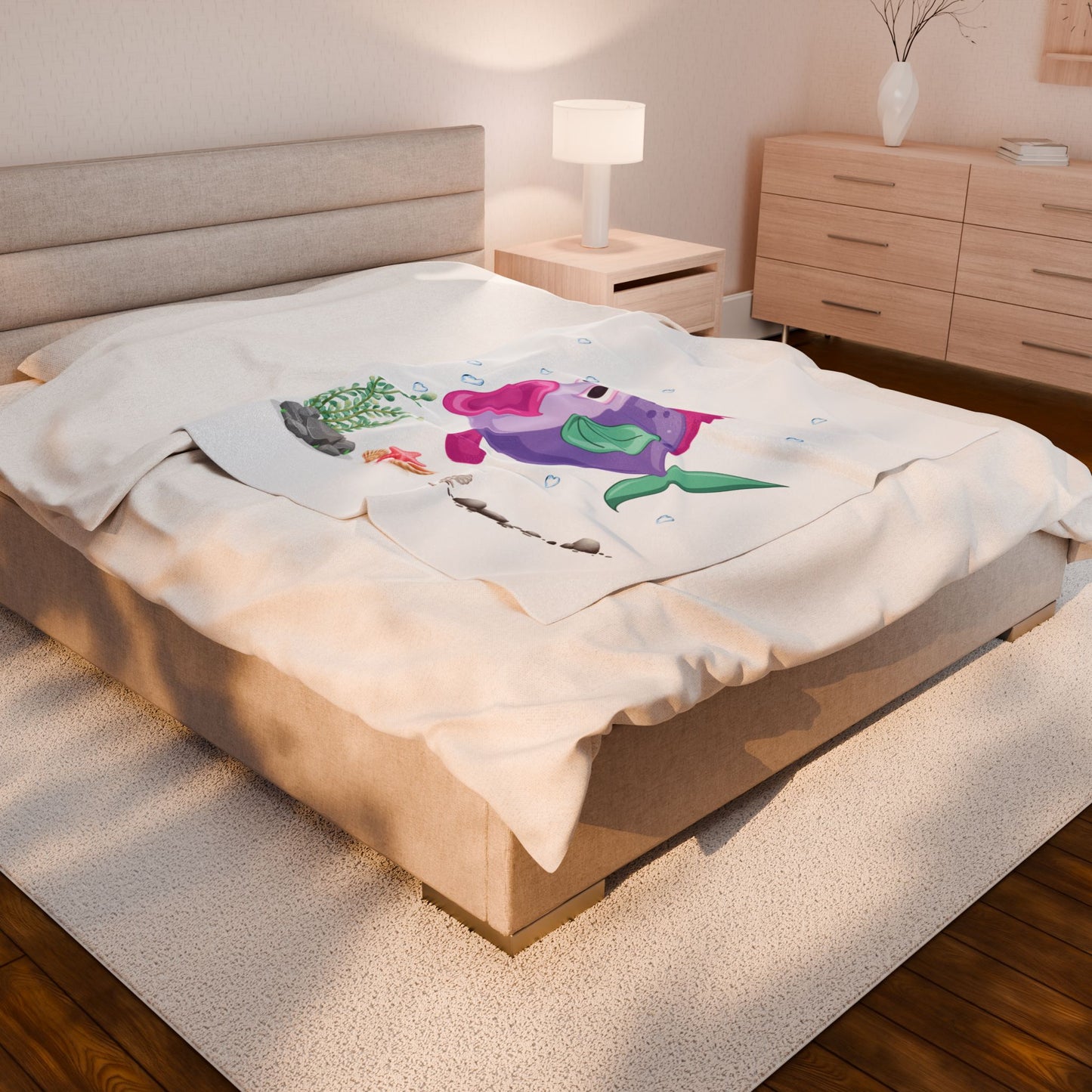 Fish with open mouth bubbles and underwater flora Velveteen Plush Blanket