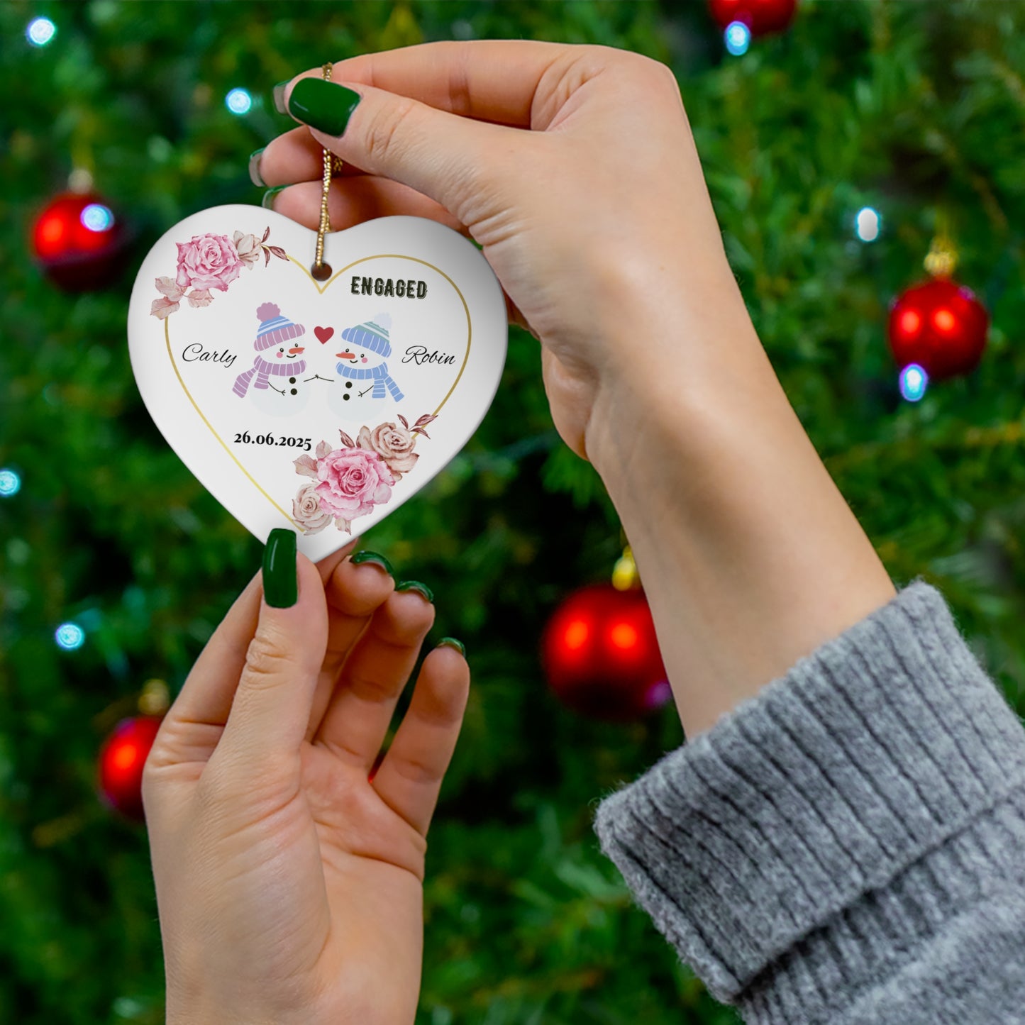 Engagement Snowman Ornament, Custom Holiday Decor, Personalized Keepsake, Christmas Tree Decoration, Gift for Couples