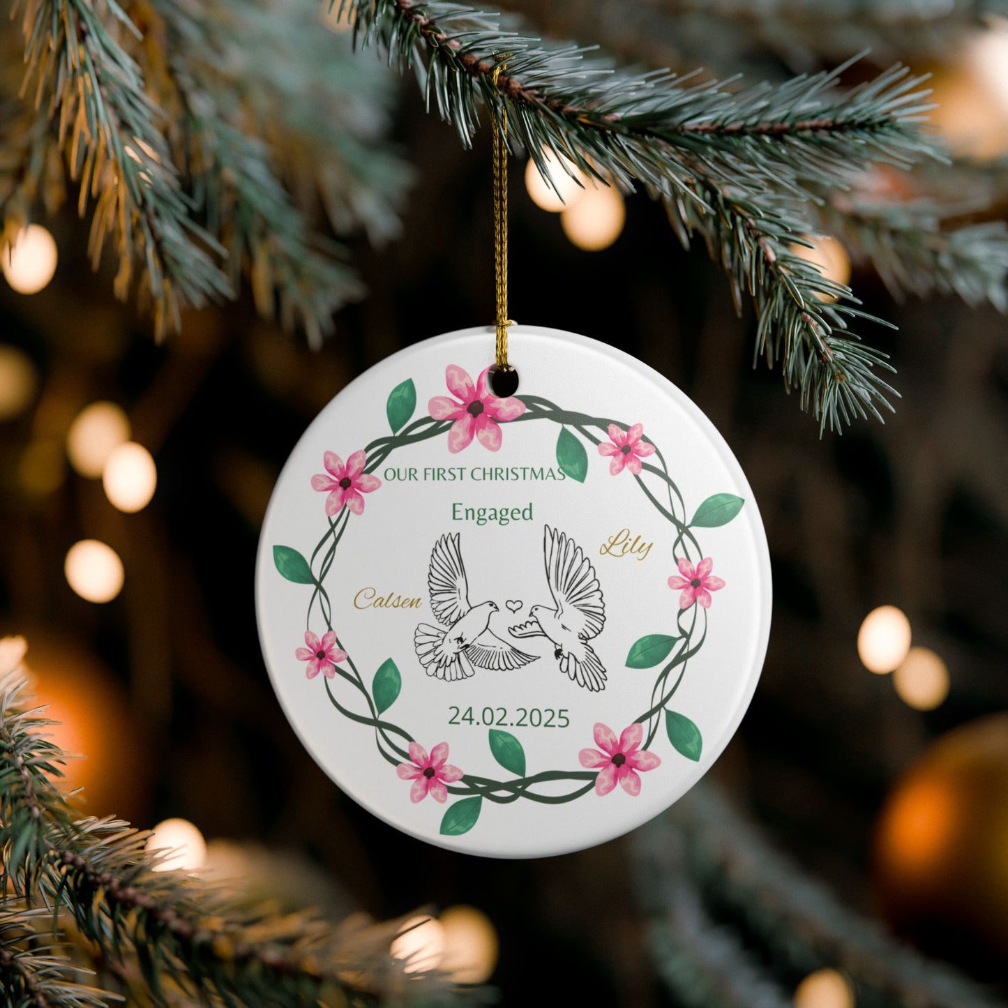 Personalized Engagement Ceramic Ornament | First Christmas Keepsake, Holiday Decor, Custom Gift, Wedding Memento, Love Decoration