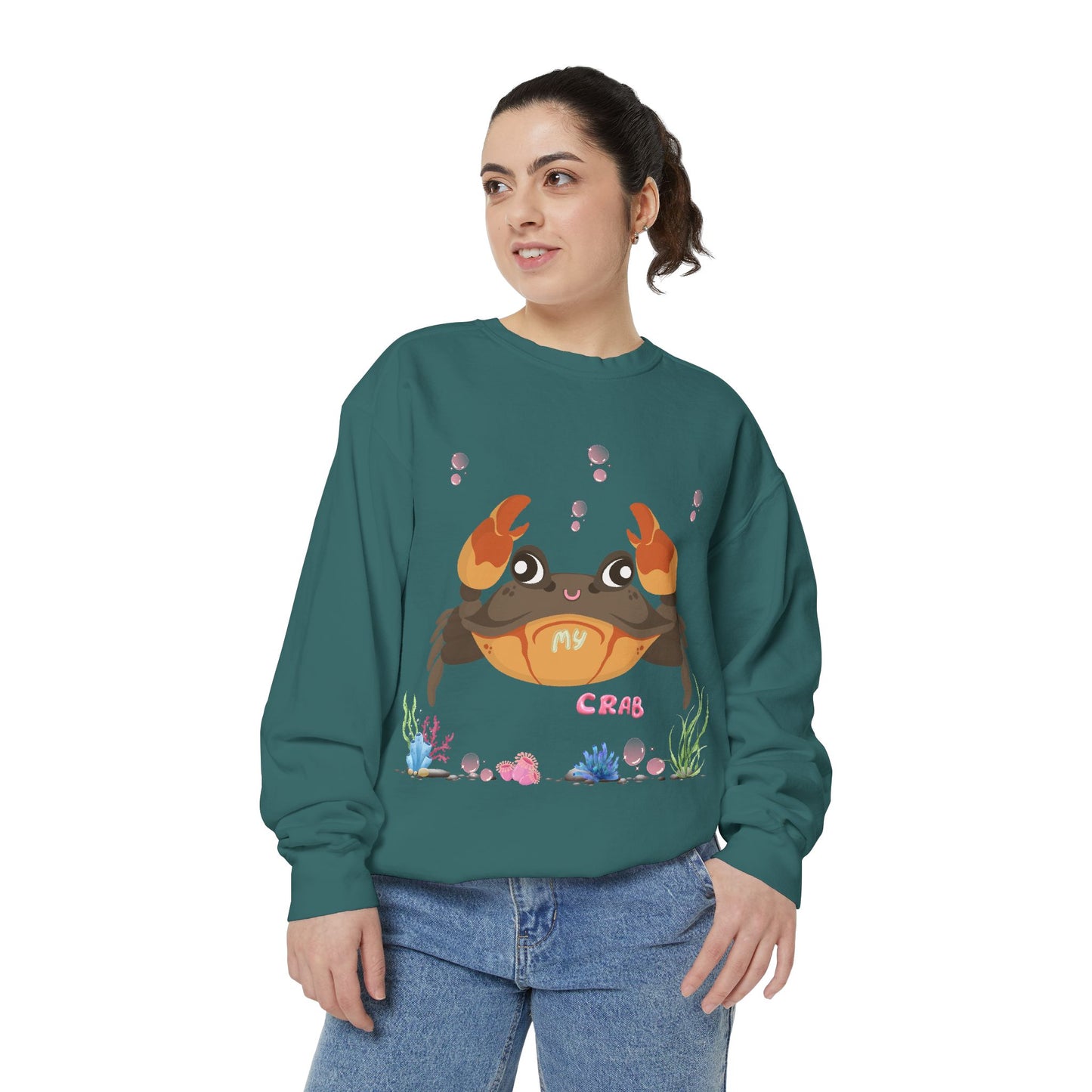 Crab with subtle bubbles and underwater flora Unisex Garment-Dyed Sweatshirt
