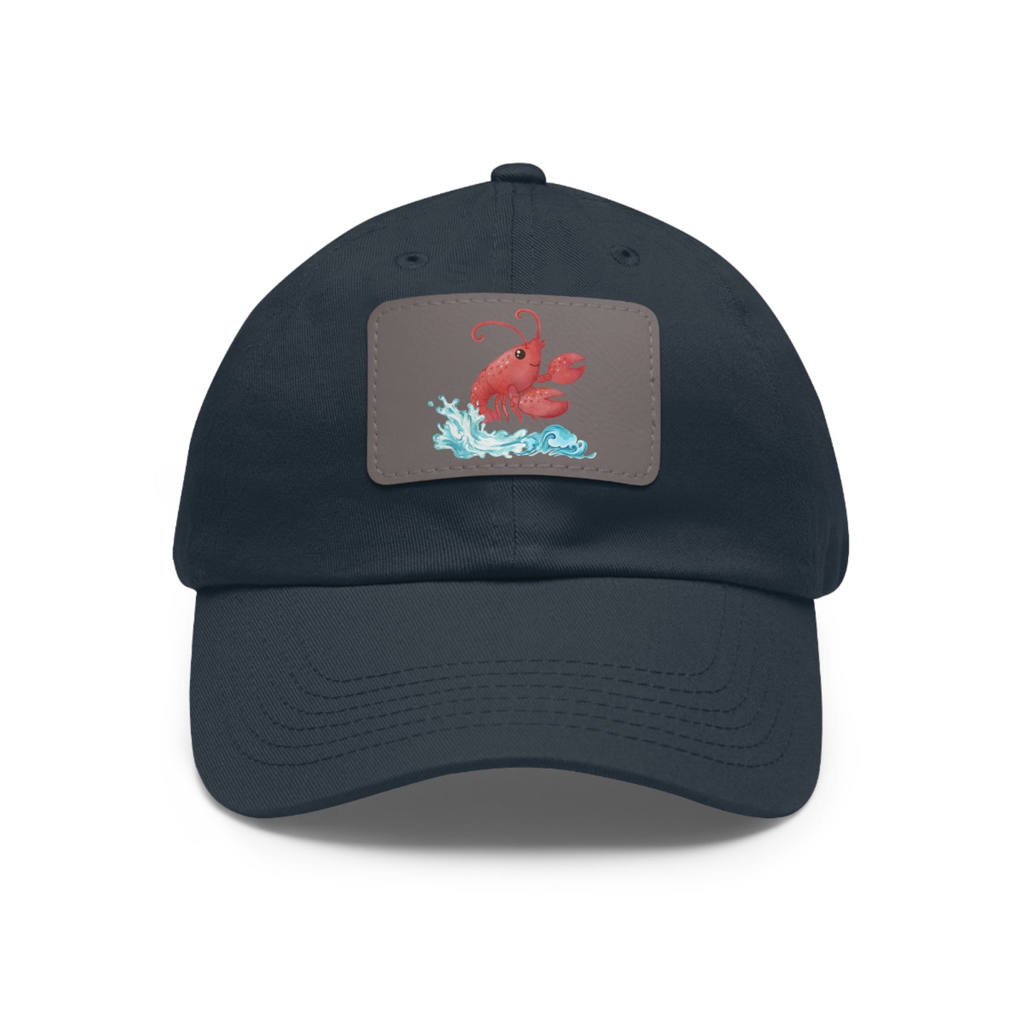 Cheerful red lobster emerging from stylized blue waves Dad Hat with Leather Patch (Rectangle)