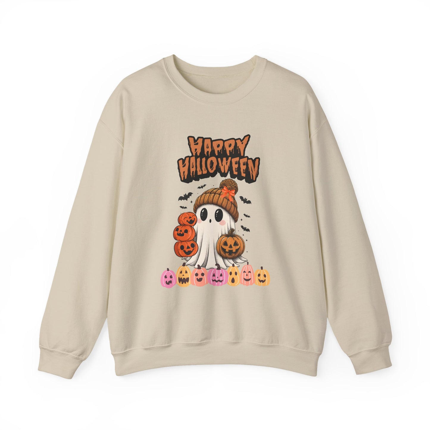 Cozy Halloween Sweatshirt, Unisex Crewneck with Ghost & Pumpkin Design, Fall Fashion, October Gifts, Spooky Season Apparel