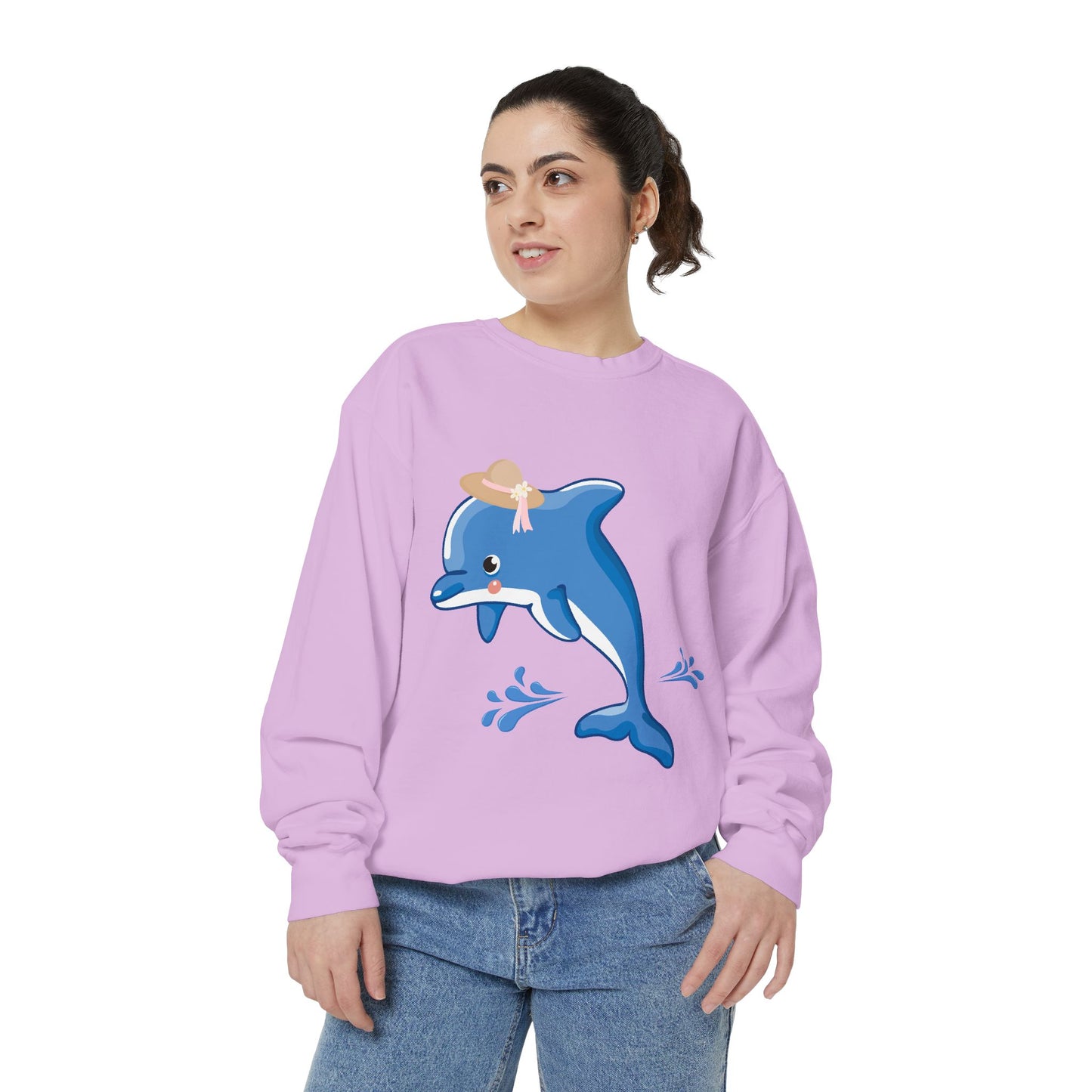Dolphin wearing a straw hat with stylized water splashes Unisex Garment-Dyed Sweatshirt