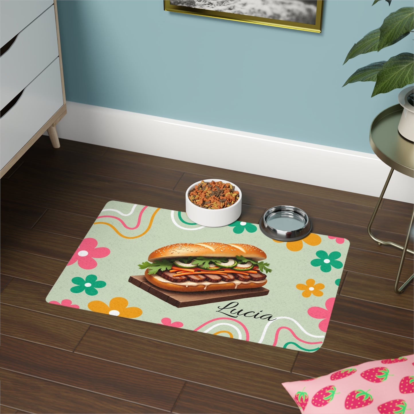 Personalized Pet Food Mat (12x18) – Retro Floral Sandwich Design with Name