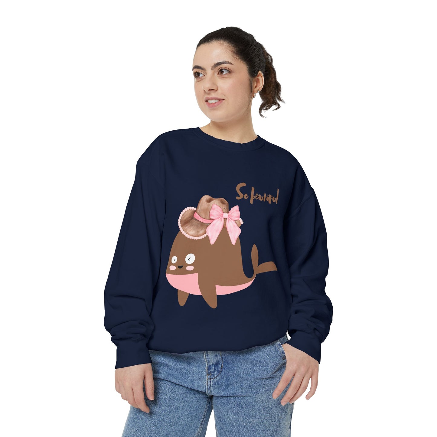 Whale wearing a cowboy hat with a pink bow Unisex Garment-Dyed Sweatshirt
