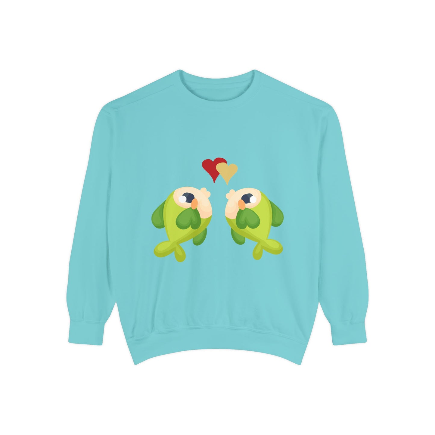 Two hearts float between the fish one red and one yellow Unisex Garment-Dyed Sweatshirt