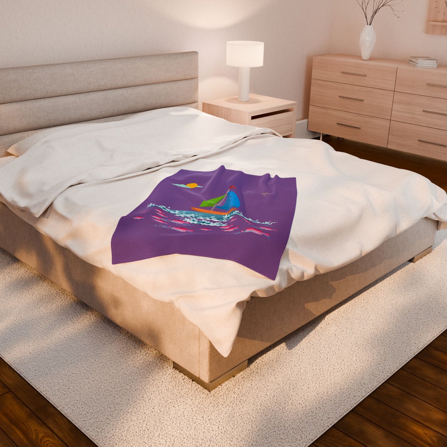 Sailboat and Red fish Velveteen Plush Blanket