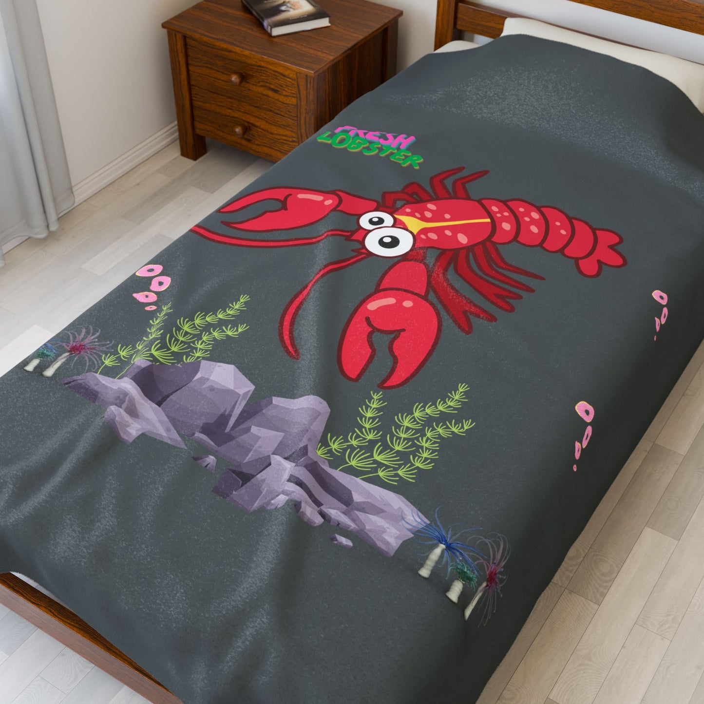Friendly red lobster big eyes and yellow strip Velveteen Plush Blanket