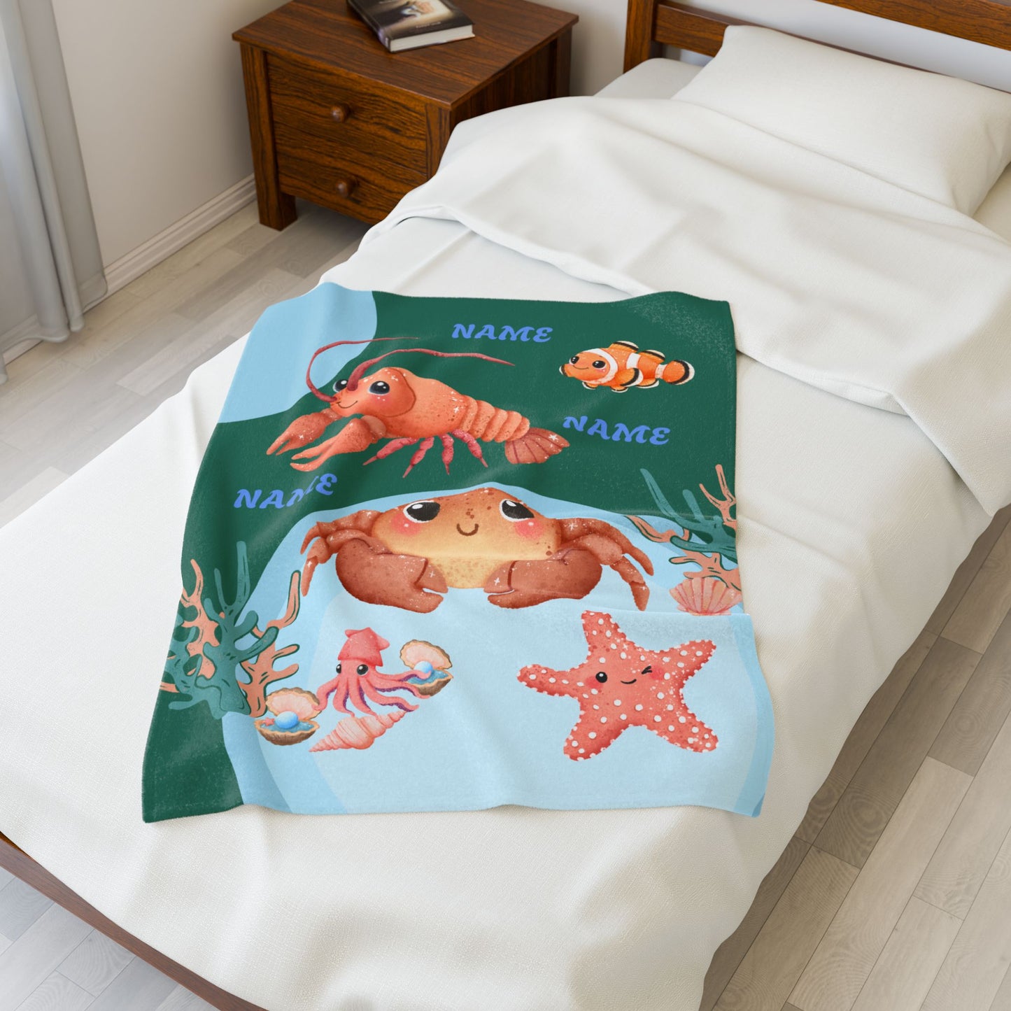 Personalized Ocean-Themed Velveteen Plush Blanket, Kids Beach Decor, Custom Name Gift, Nursery Room Accessories, Sea Life Throw