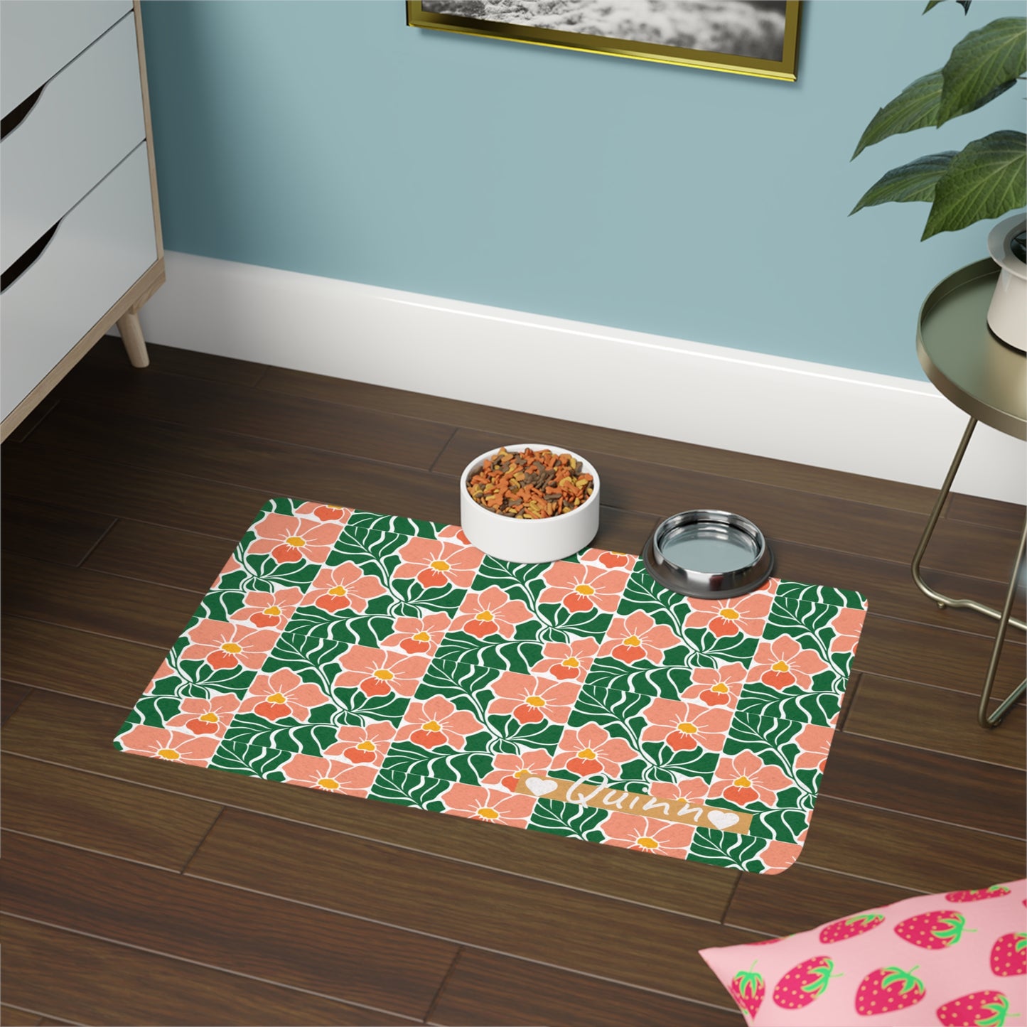 Floral Checkerboard Pet Food Mat (12x18) — Personalized Pink & Green Feeding Placemat