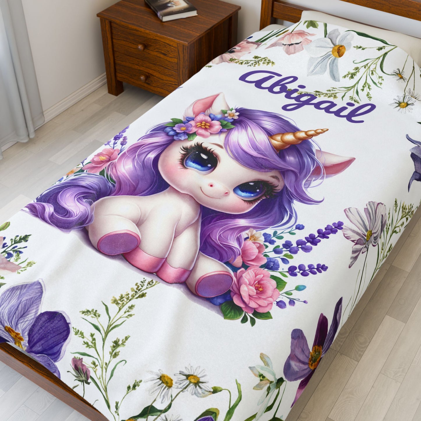 Personalized Unicorn Plush Blanket, Cozy Child's Blanket, Gift for Kids, Floral Throw, Child's Room Decor, Baby Shower Gift