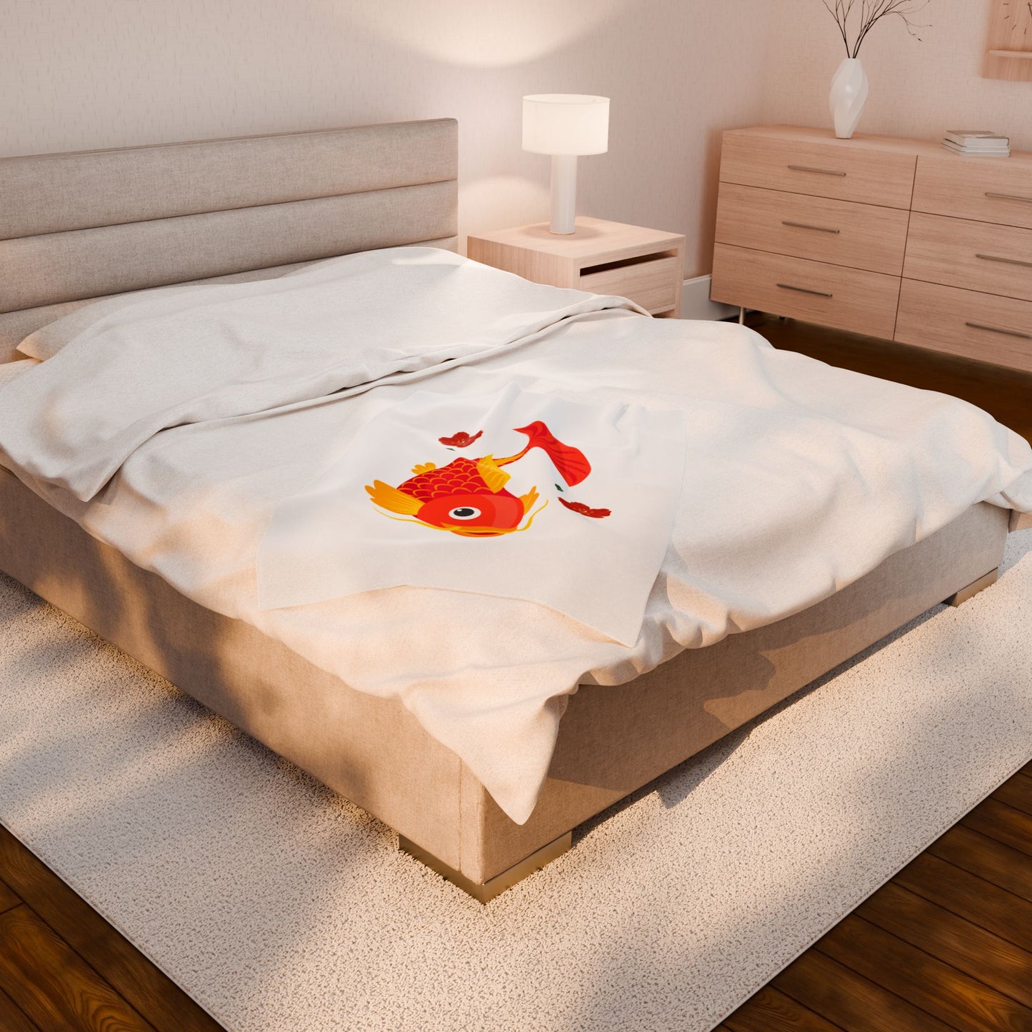 Goldfish with flowing fins and red blossoms Velveteen Plush Blanket