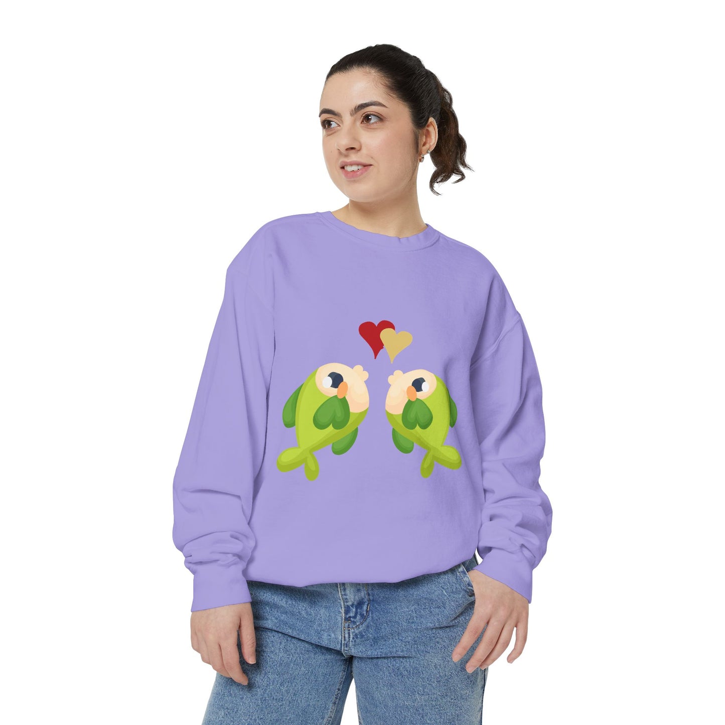 Two hearts float between the fish one red and one yellow Unisex Garment-Dyed Sweatshirt
