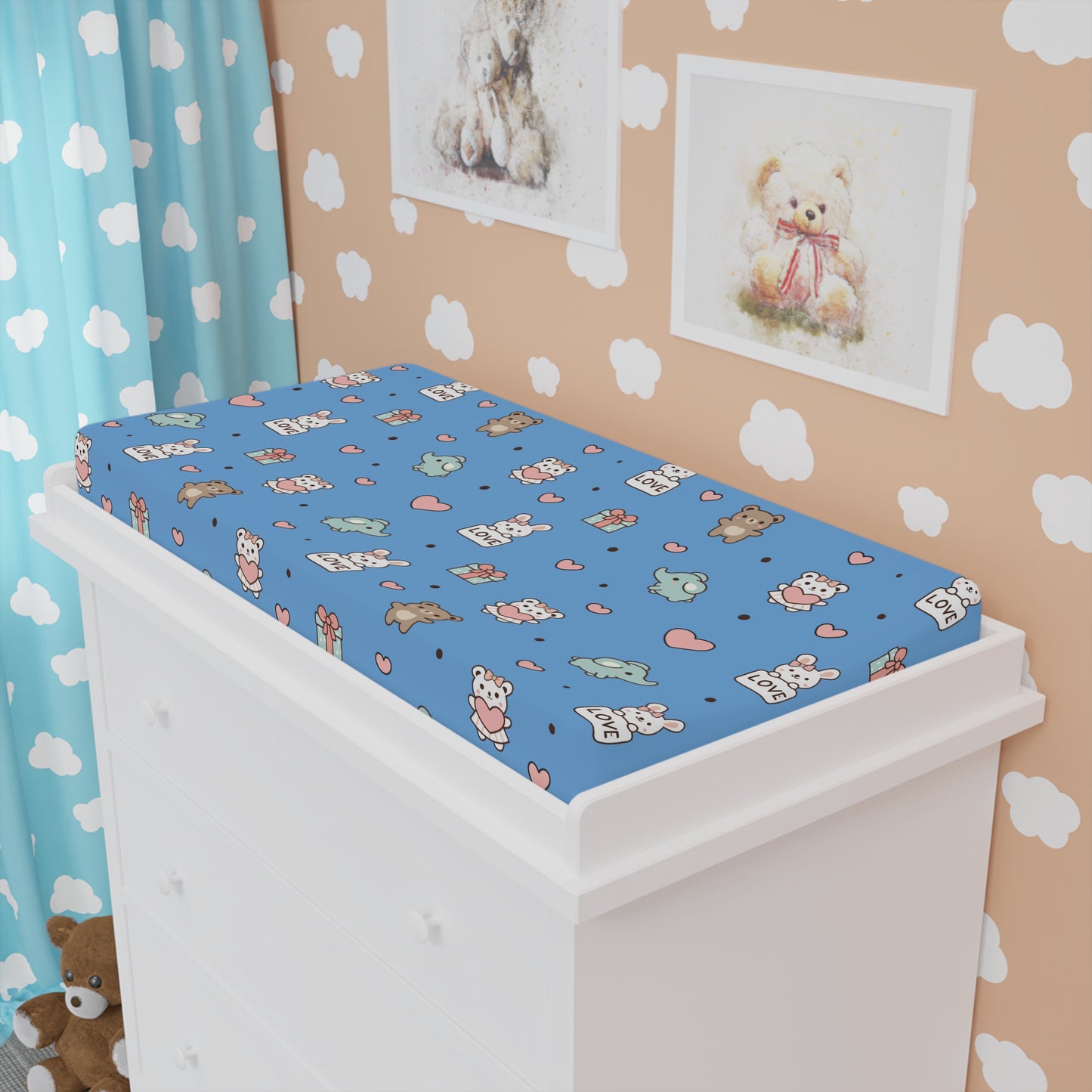 Baby Changing Pad Cover — Cute Baby Animals Pattern (Blue)