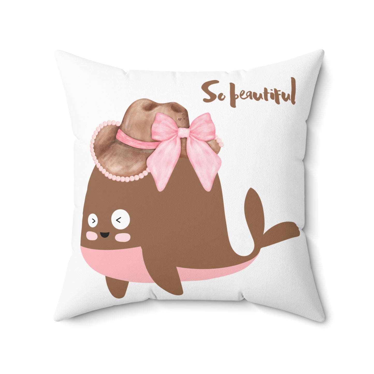 Whale wearing a cowboy hat with a pink bow Spun Polyester Square Pillow